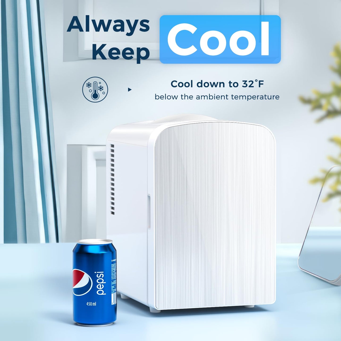 Antarctic Star Compact Refrigerator, Portable Mini Fridge, Skin Care 4L Capacity/6 Cans, for Bedroom, Car, Office & Dorm, Small Cooler for Cosmetics, Magnetic Brushed Stainless Steel Door, White