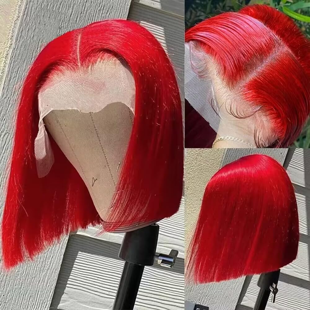 Pre Plucked 13X4 Straight Red Bob Wig Human Hair Lace Front Wigs With Baby Hair Natural Hairline Glueless Wigs Human Hair Pre Cut Bob HD Transparent Lace Frontal Blunt Cut Red Bob Wigs For Black Women