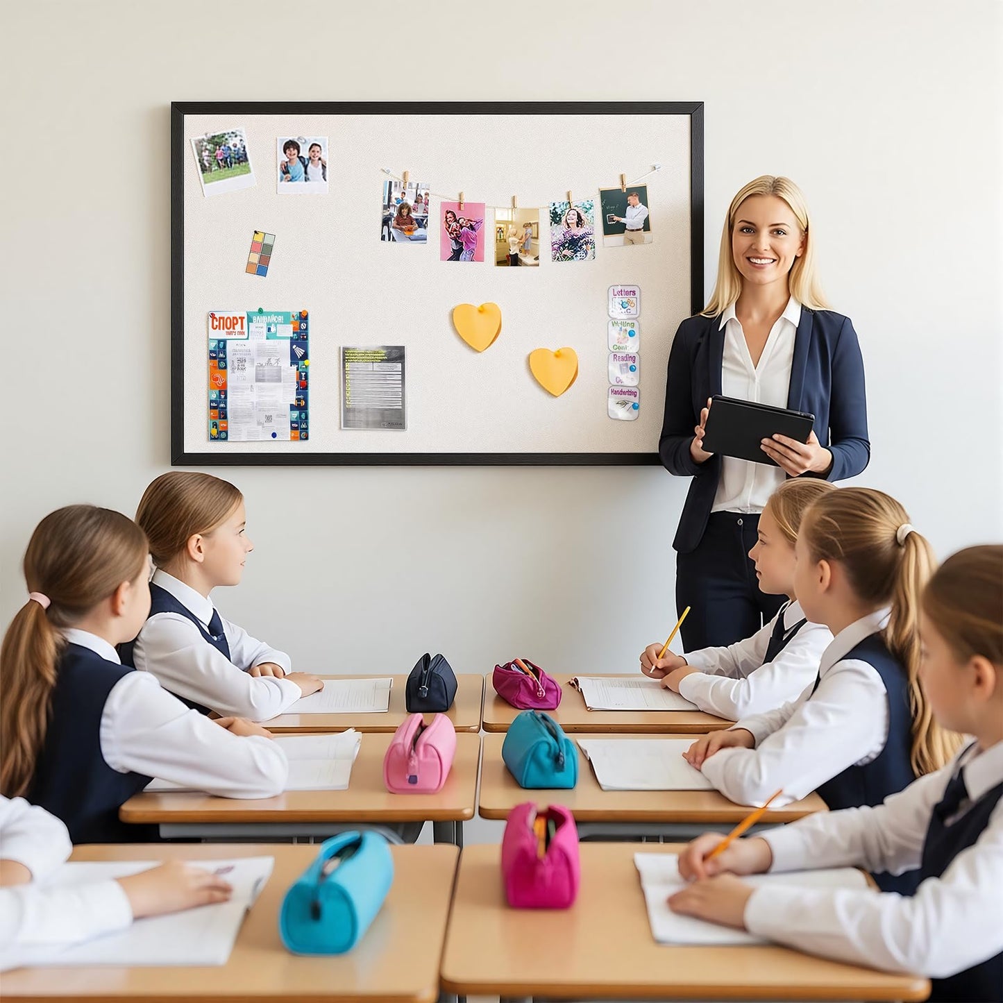 OWLKELA 24'' x 36'' Linen Bulletin Board with Black Oak Frame, Framed Cork Board for Wall, Decorative Vision Board & Hanging Pin Board for Home, Office & Classroom