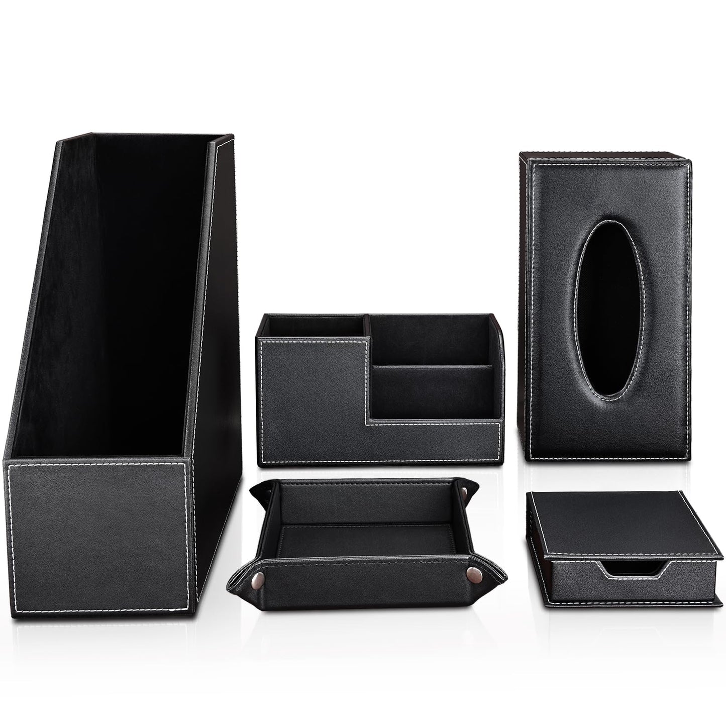 KINGFOM 5 PCS/SET Pu Leather Desk Organizer File Holder Accessories, Magazine Storage Rack+Desktop Pen&Pencil Holder+Tissue Box Cover+Leather Jewelry Accessories Tray