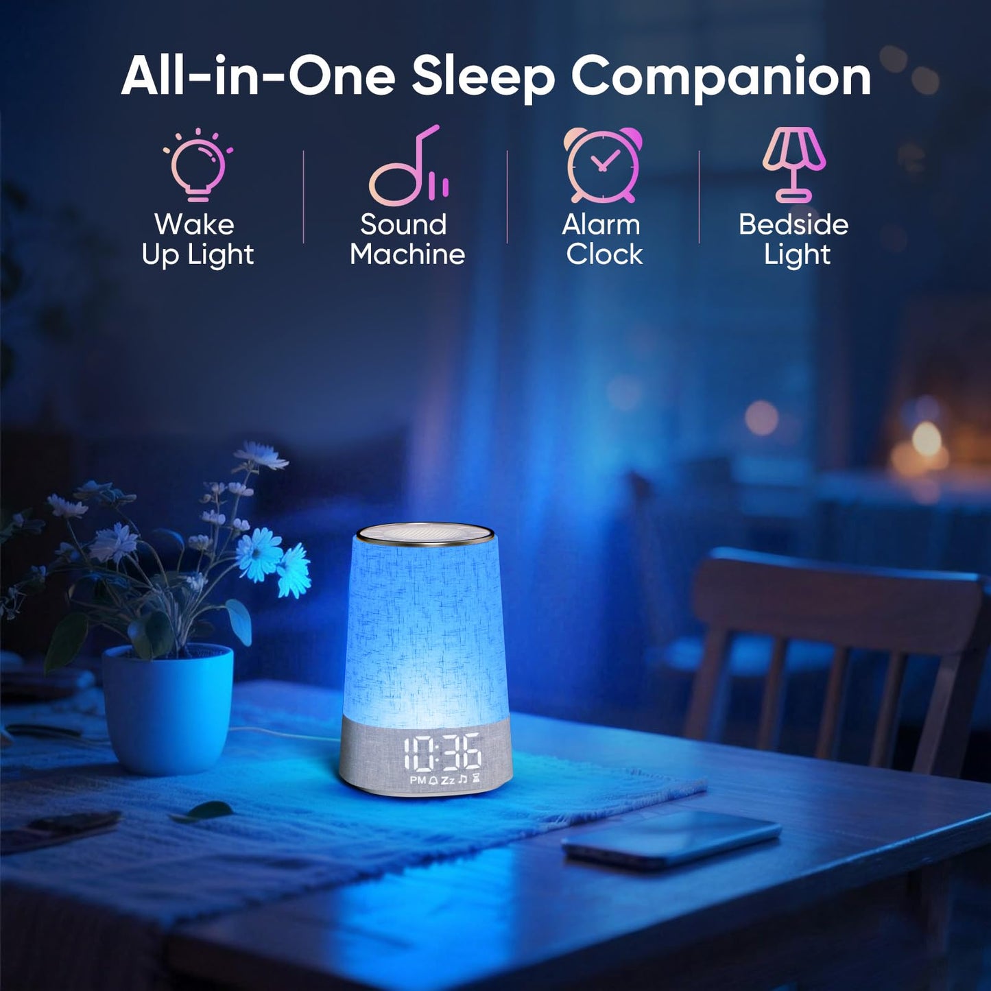 AFEXOA Sunrise Alarm Clock with Wake Up Light, White Noise Machine with 30 Soothing Sounds, Dimmable Display, Night Light for Bedroom, Heavy Sleepers, Adults & Kids