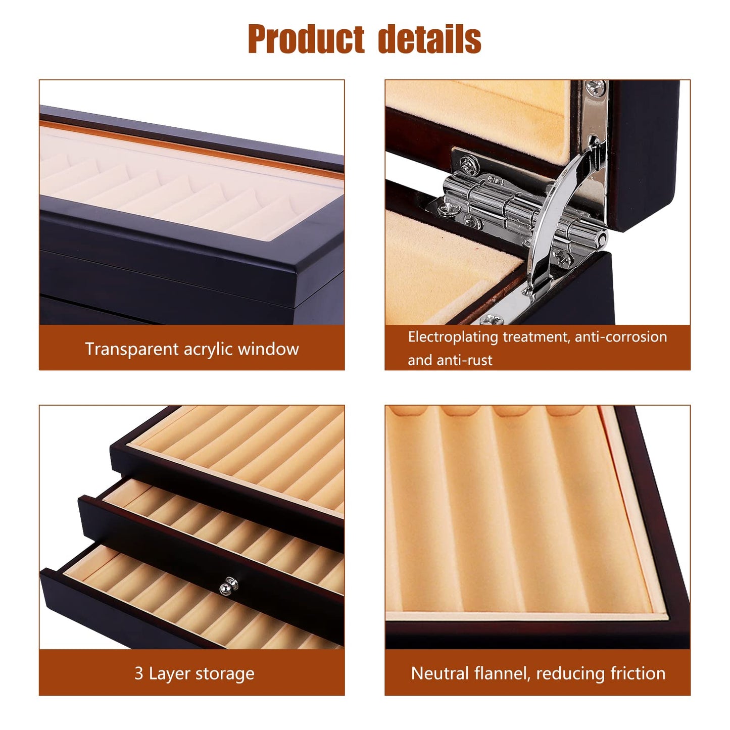 34 Piece Wood Pen Display Box Pen Storage Organizer Box Fountain Pen Collector Case 3 Layers (Ebony)