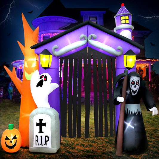 9 FT Halloween Inflatables Haunted House Castle Archway Decoration with Led Light Halloween Inflatables Outdoor Decorations Blow up Inflatables for Halloween Holiday Party Lawn Yard Garden Décor