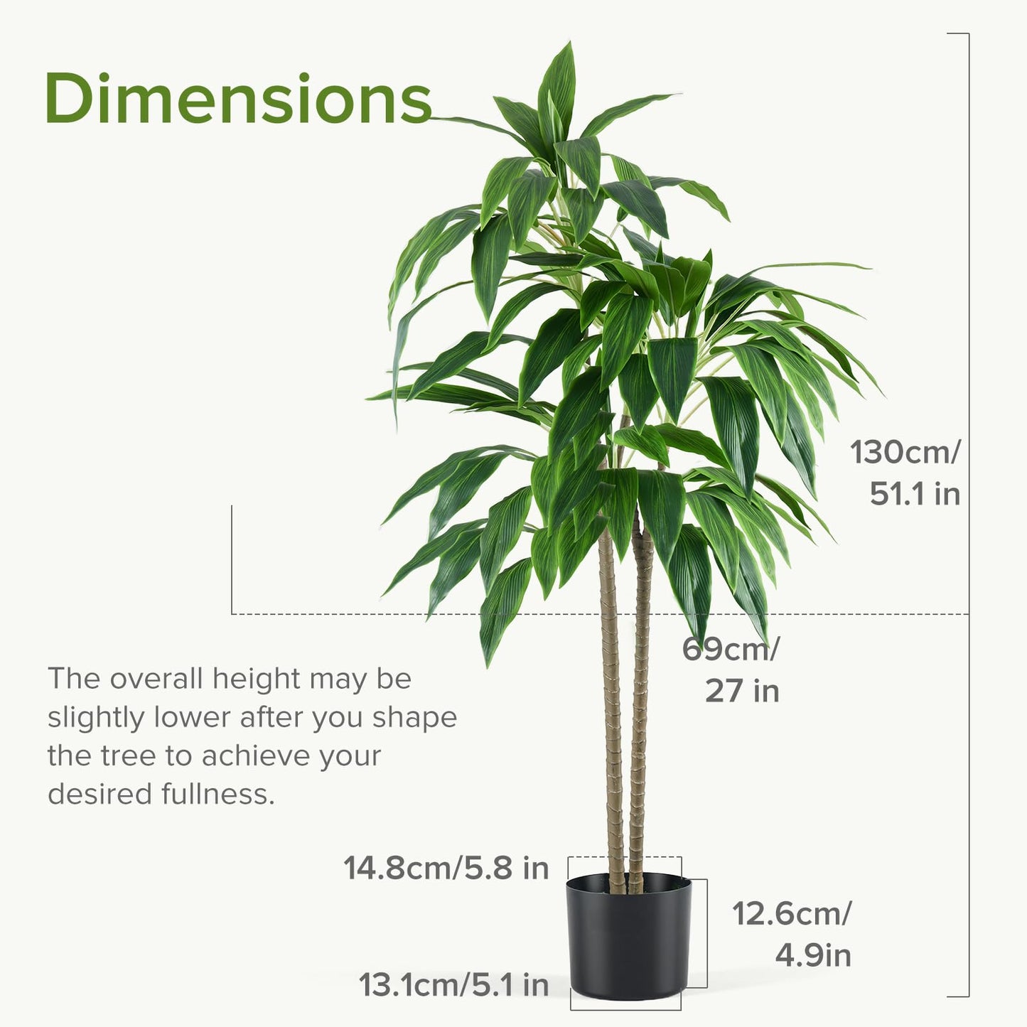 DUMOS 51in Artificial Dracaena Tree, 4FT Lifelike Faux Indoor Floor Plant with Bendable Leaves, Potted Tall Fake Plant for Living Room, Bedroom, Office Corner Decor