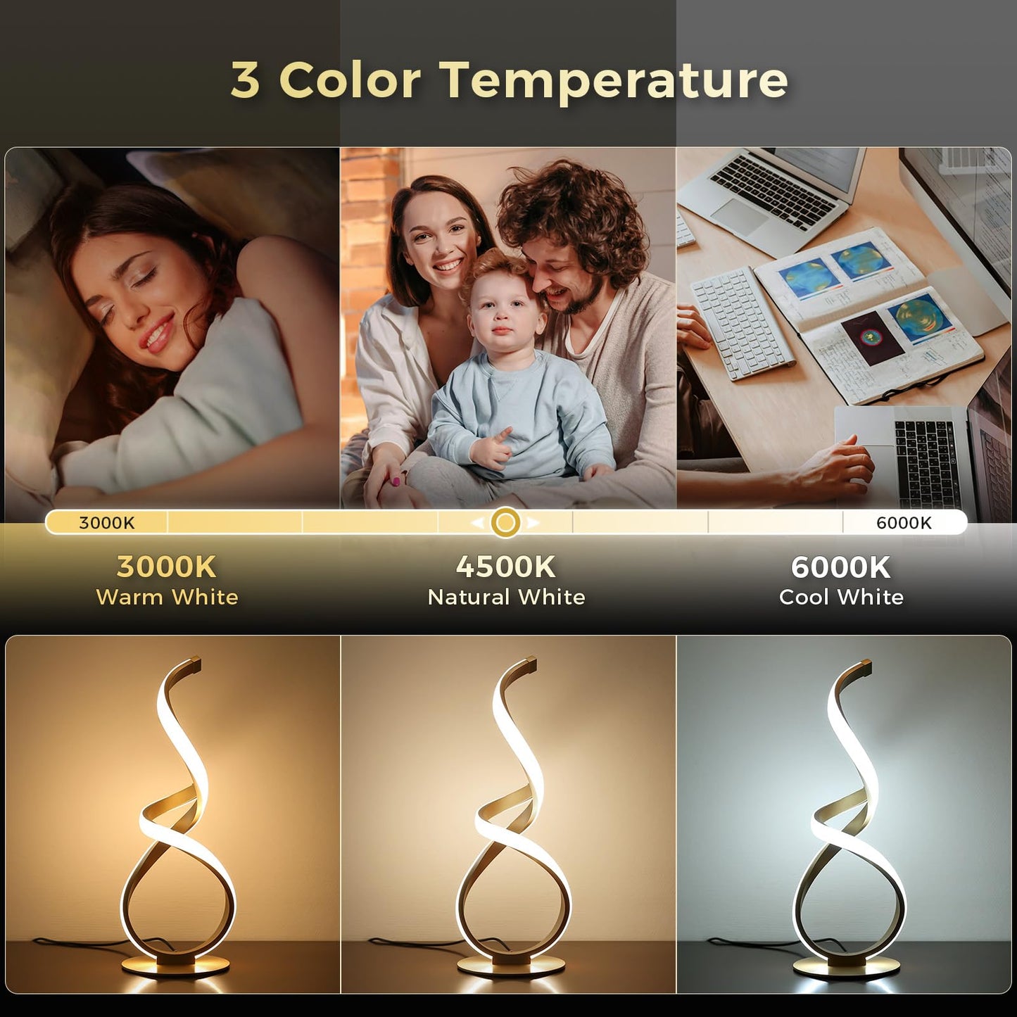 JIOODICH. Bedside Table Lamp, LED Touch Dimmable Spiral Desk Lamp for Night Stands, 3 Color Temperature Modern Nightstand Light, Unique Side Light for Living Room, Bedroom, Gold