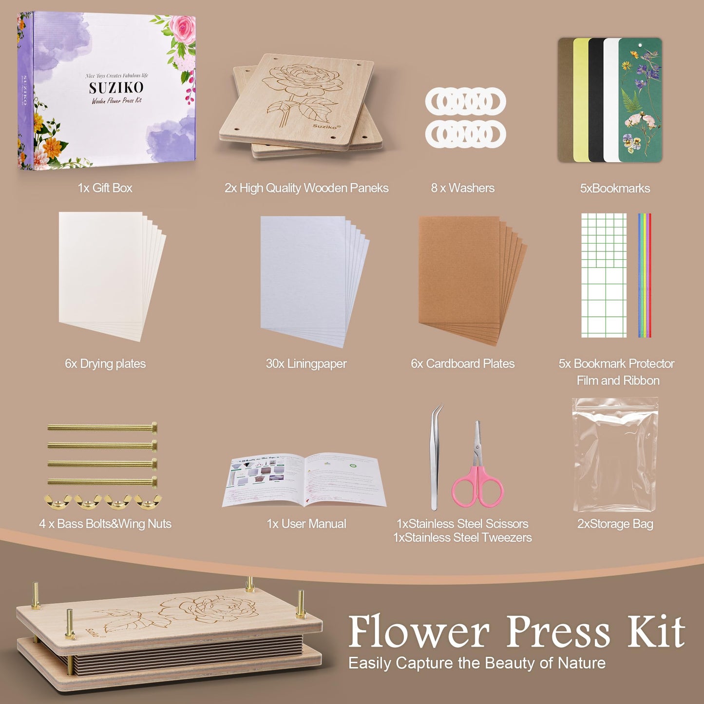 Suziko Large Flower Press Kit for Adults& Kids Flower &Plant Preservation Kit Measures 10.8" x 6.9" Suziko Leaves Press & Flower Press is a Great Gift for Lovers (Rose)