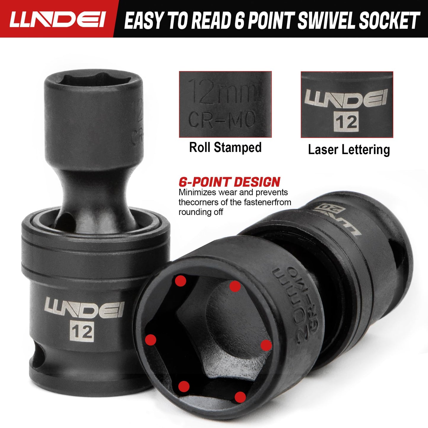 LLNDEI 3/8" Drive Universal Impact Socket Set, 19 Pieces CR-MO Swivel Socket Set, Metric(8-22mm) Wobble Sockets 6 Point with Extension Bars, Adapter and Black Organizer