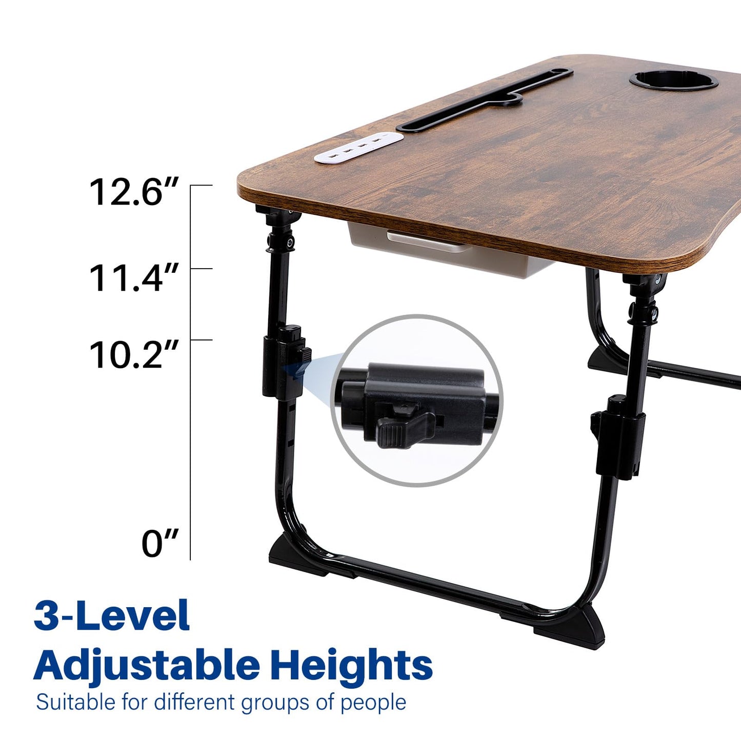 BYMECOST Laptop Desk for Bed, Height Adjustable Laptop Bed Table, Foldable Portable Lap Desk Stand with USB/Storage Drawer/Cup Holder/Slot, Breakfast Tray for Working Reading Writing Eating