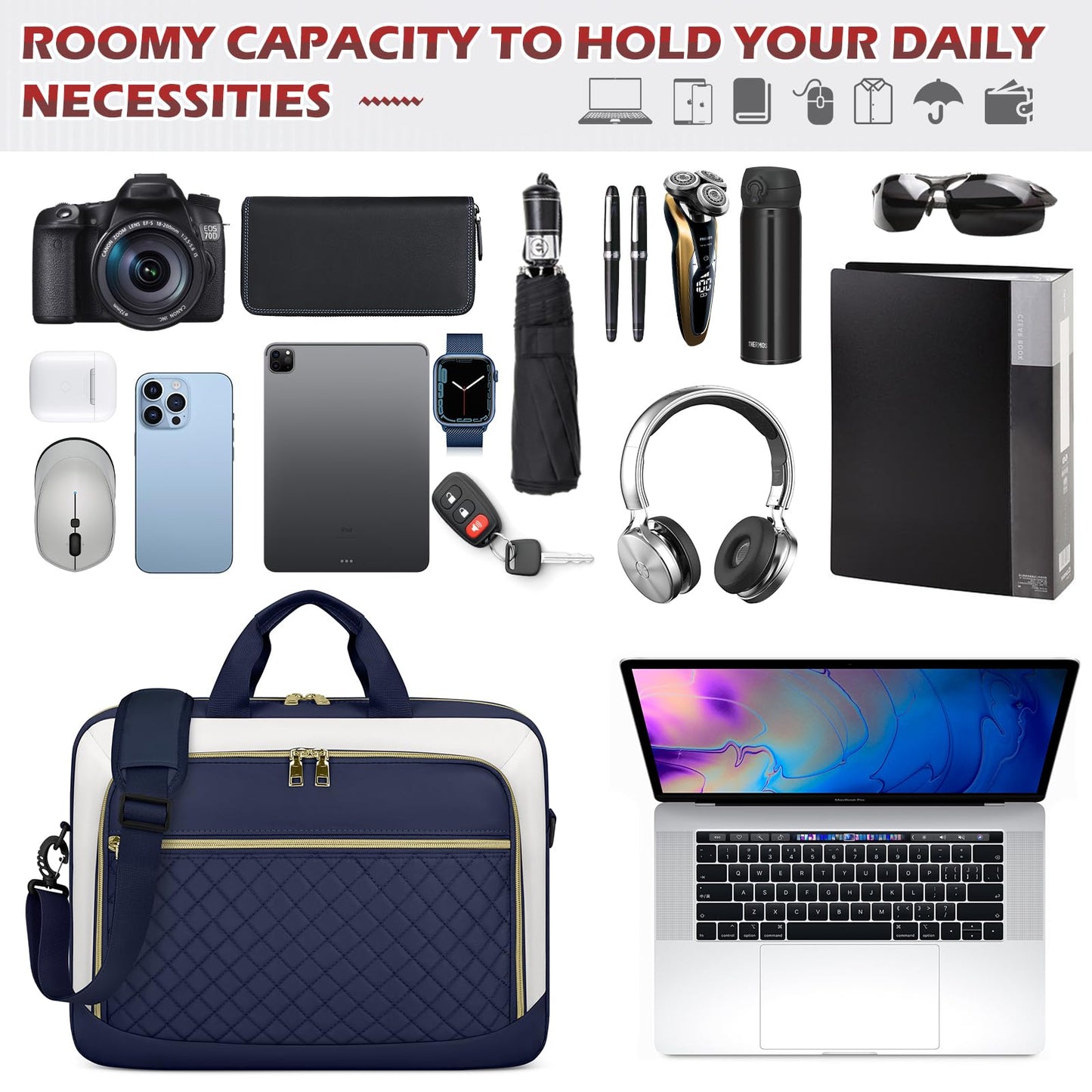 NEWHEY Laptop Bag 17.3 Inch Laptop Briefcase for Women Men Waterproof Shoulder Messenger Bag Large Computer Bag for Business Office Work College, Blue&Beige