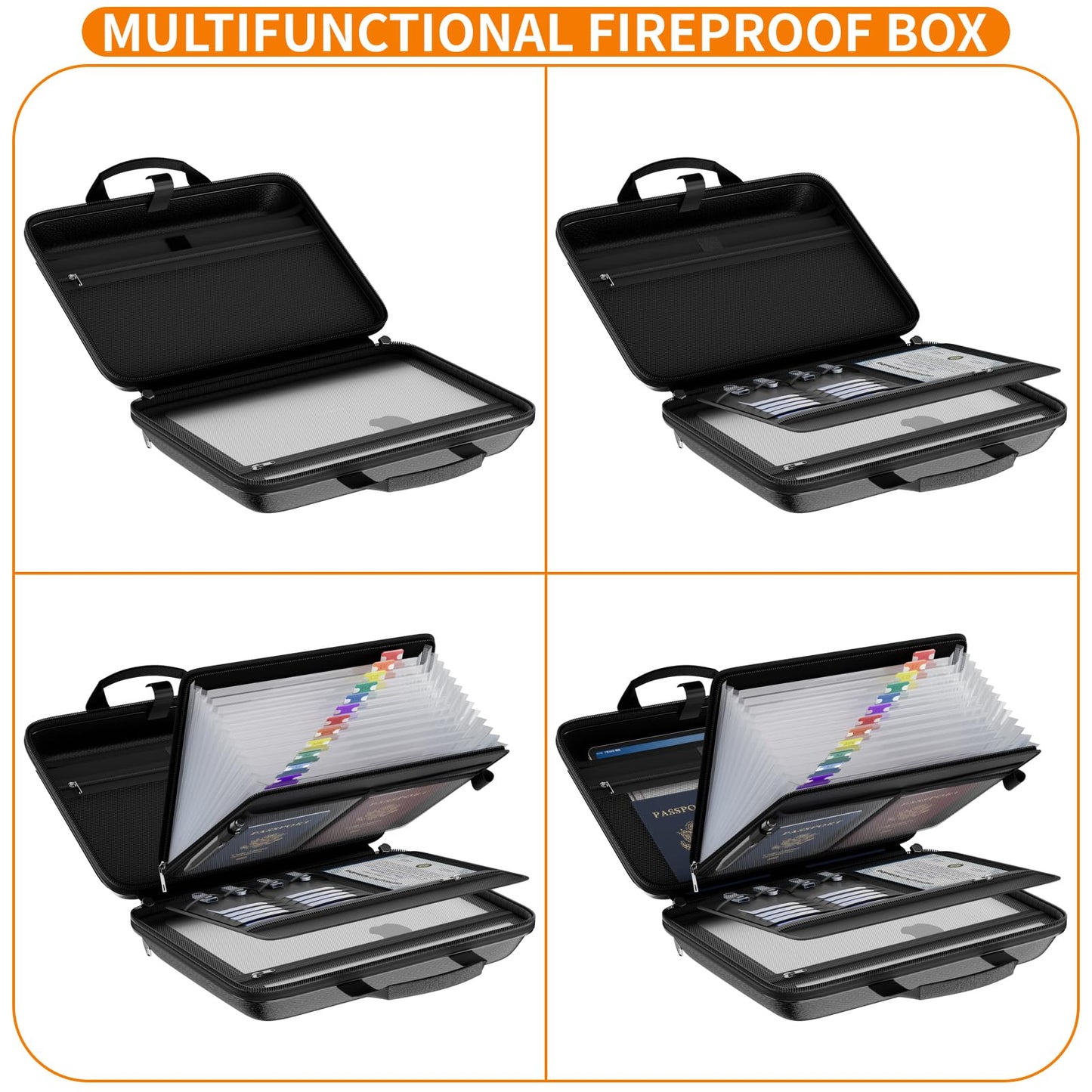Fireproof File Organizer with Lock, Hard Case Fireproof Document Box with 13 Pockets Accordion File Folder, Important Document Organizer for Letter A4 Files Laptop Passports (Black)