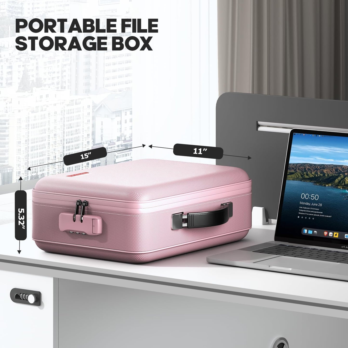 BigPonPon Fireproof Document Box, Hard Case Highly Flame-Resistant Fire Proof Waterproof File Organizer with Lock, Portable Fire Safe for Important Documents & Valuables Storage (Pink, ‎14"*11"*5")