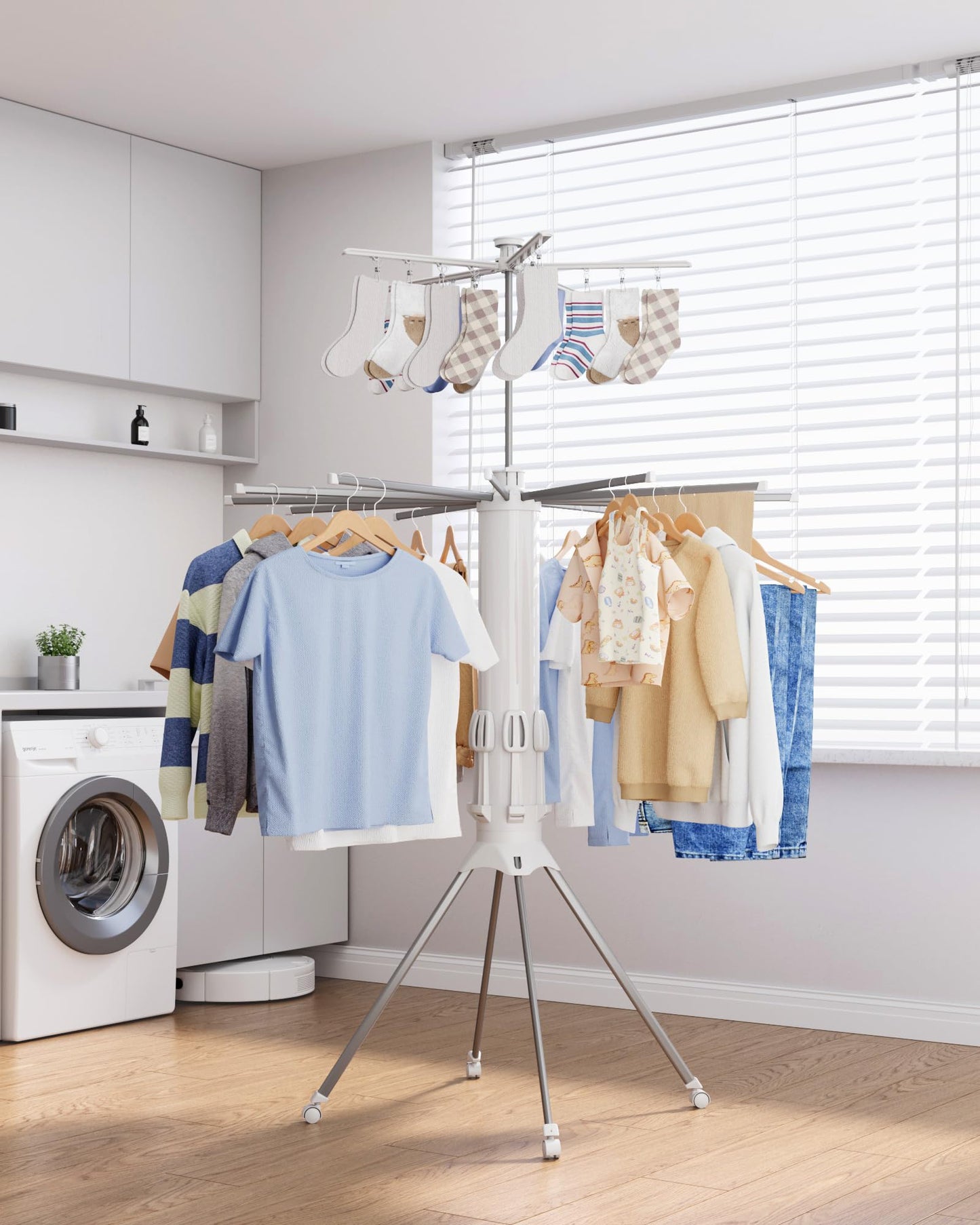Sakugi Foldable Clothes Drying Rack – Collapsible Laundry Rack with 12 Steel Arms, 4-Leg Stable Base, Reinforced Frame with Clips & Shoe Holders for Indoor Outdoor Use, 44" D x 44" W x 71" H, White