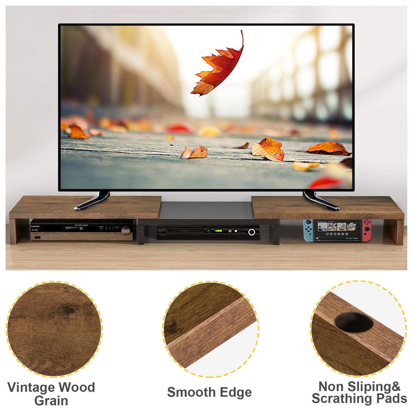 TAVR Dual Monitor Stand Riser, Computer Monitor Stands for 2 Monitors, Extra Long Multifunctional Wooden Desktop Organizer Riser for Computer, Laptop, PC, Printer, TV, Max 43.3" Length, Rustic Brown