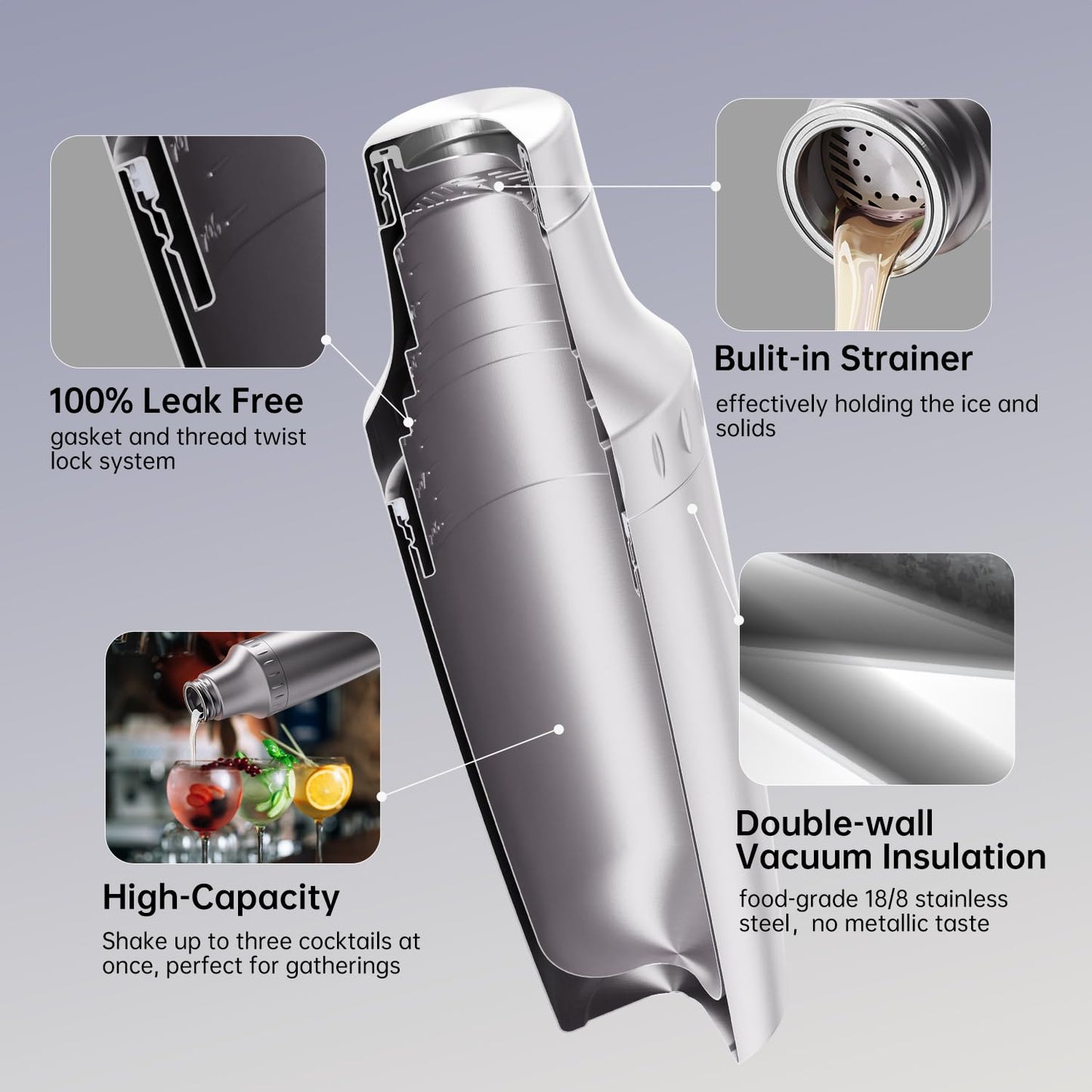Magcheer Hybrid Cocktail Shaker Set | Vacuum Insulated Stainless Steel Martini Shaker with Strainer & Jigger Lid | Travel cocktail kit with Bartender Accessory Tools | 30oz | Gunmetal Gray