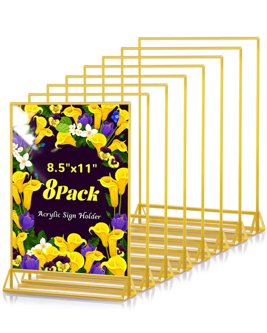 Dynta Acrylic Sign Holder 8.5x11 8pck Clear Table Display Stands Double Sided Table Sign Holders, Menu Holder for Wedding, Party, Office, Store, Home Use (Gold Frame)