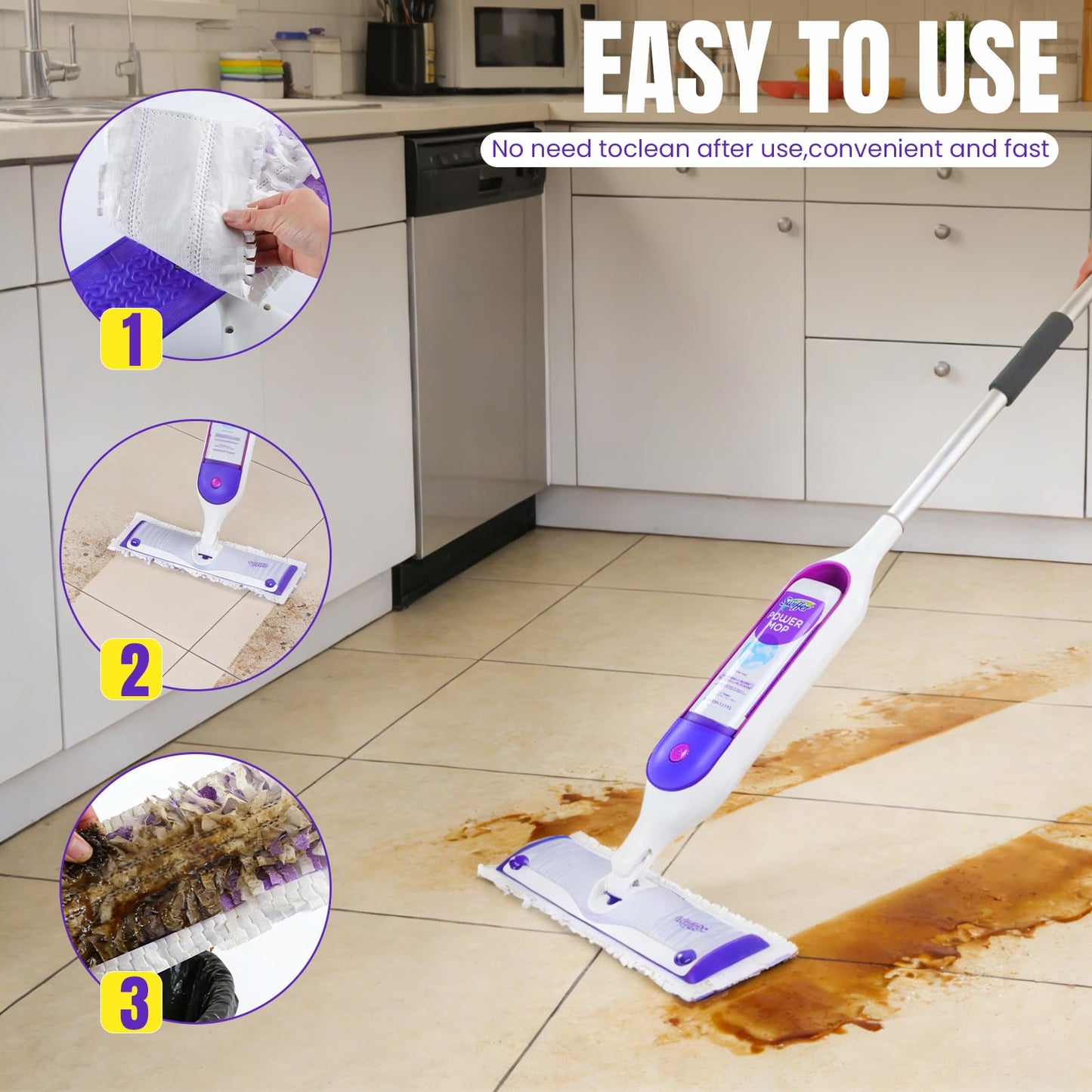QuikMoprit 100 Pcs Power Mop Pads for Swiffer PowerMop 500+ Strips Multi-Surface Refill Pad Disposable Spray Mopping Pads Head Refills for Floor Cleaning (Quick-Absorb, No Residue & Disposable)