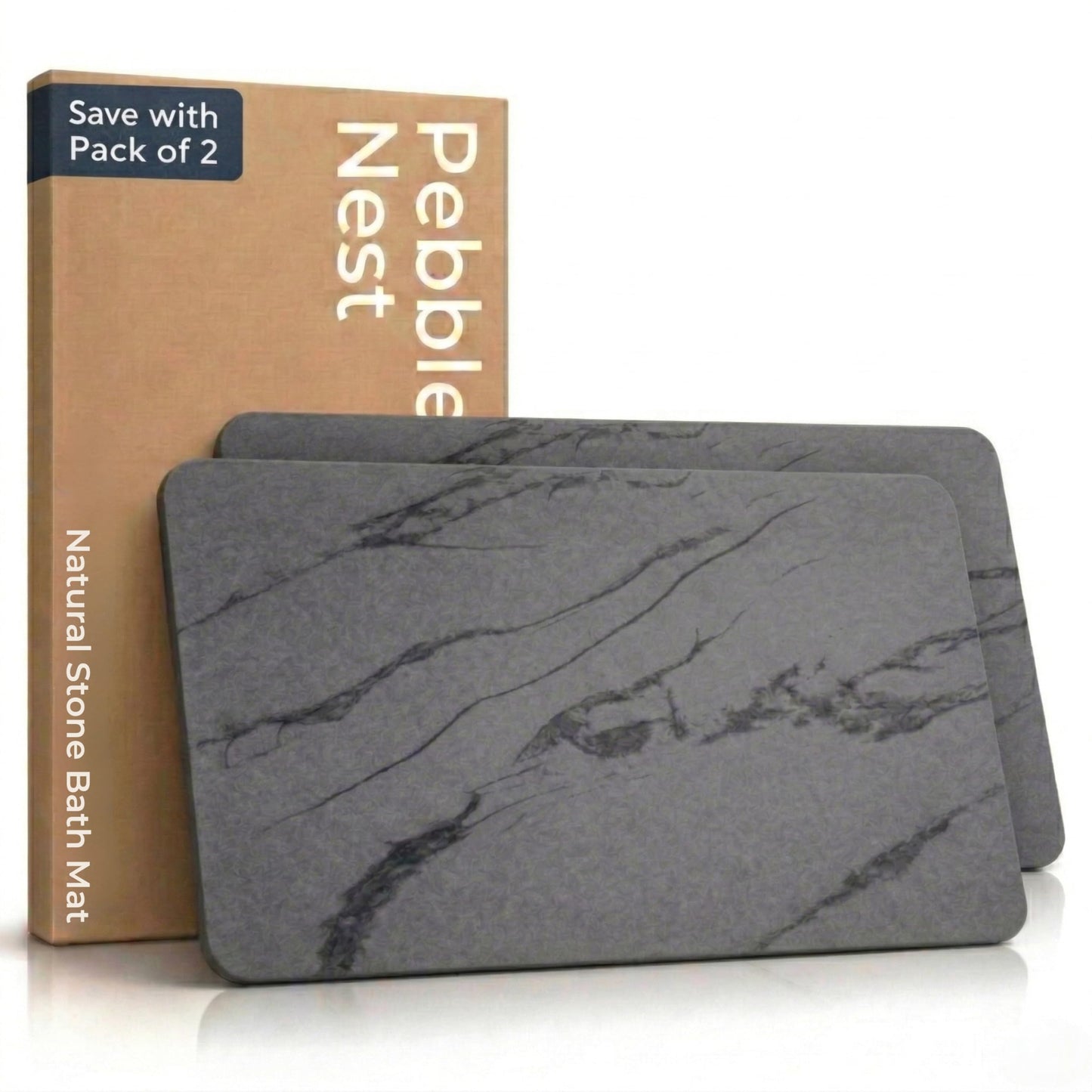 Pebble Nest Stone Bath Mat – Diatomaceous Earth Quick Drying Non-Slip Bathroom Mat – Absorbent Diatomite Shower Mat, Durable & Easy to Clean, Modern, 23.6" x 15.3" (2 Pack Charcoal Black - Marble)