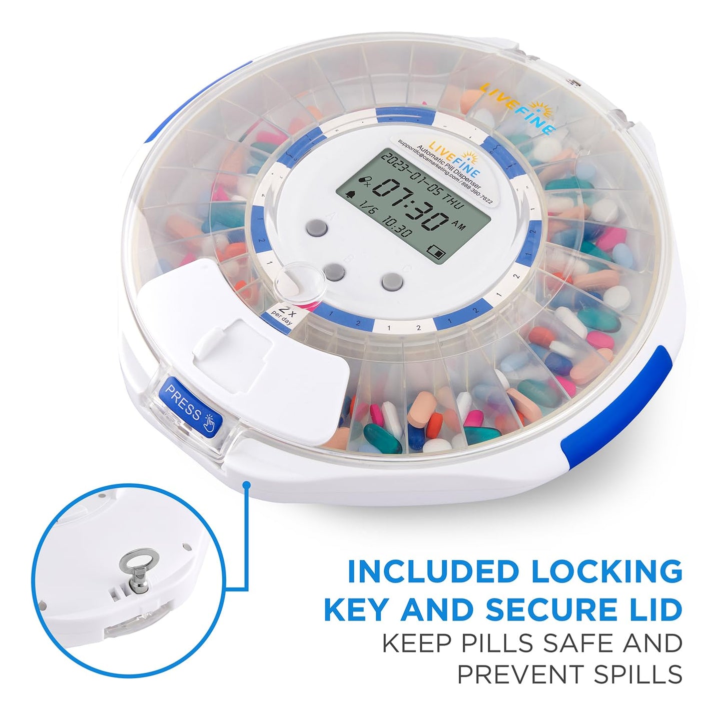LiveFine Automatic Pill Dispenser with 28-Day Electronic Medication Organizer, 6 Dosage Rings, LCD Display with Sound & Light Alerts, Key & Magnifying Glass for Prescriptions, Vitamins & Supplements