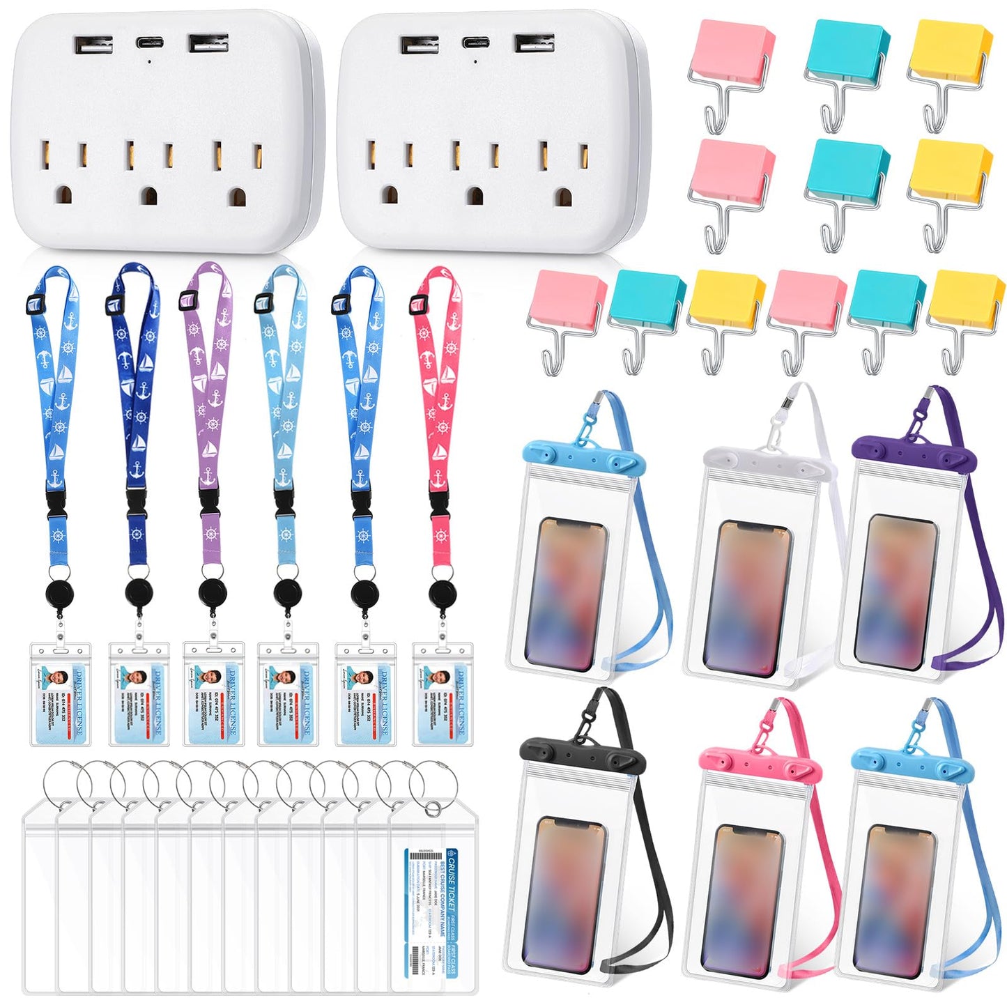 Qilery 38 Pcs Cruise Accessories Kit Includes 6 Cruise Lanyard 12 Cruise Luggage Tag 2 Cruise Power Strip 6 Waterproof Phone Bags 12 Magnetic Hook for Cruise Carnival Trip