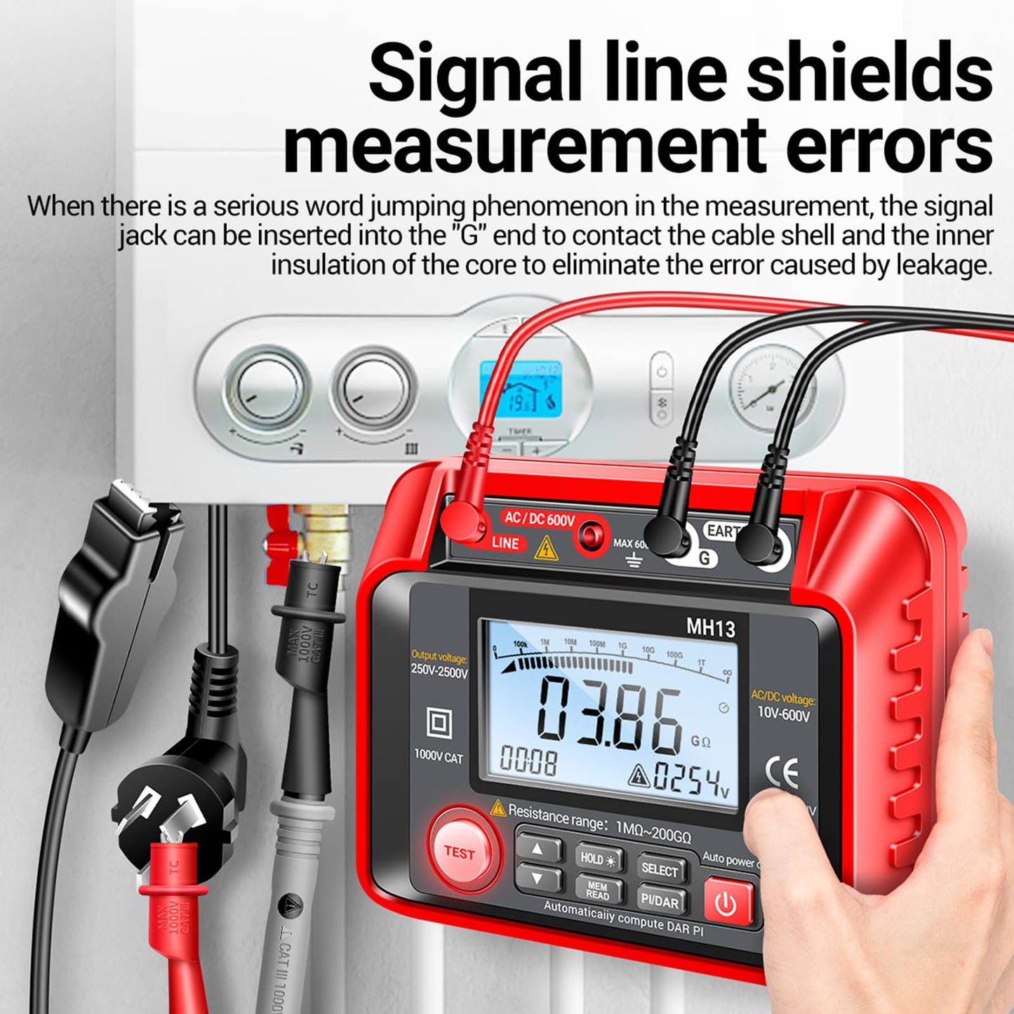 MH13 250V-2500V Digital Insulation Resistance Tester 1MΩ-200GΩ Megger Megohm Testing Meter Auto Range 2000 Counts LCD Display 10V~600V AC/DC Voltmeter with 100 Data Storage