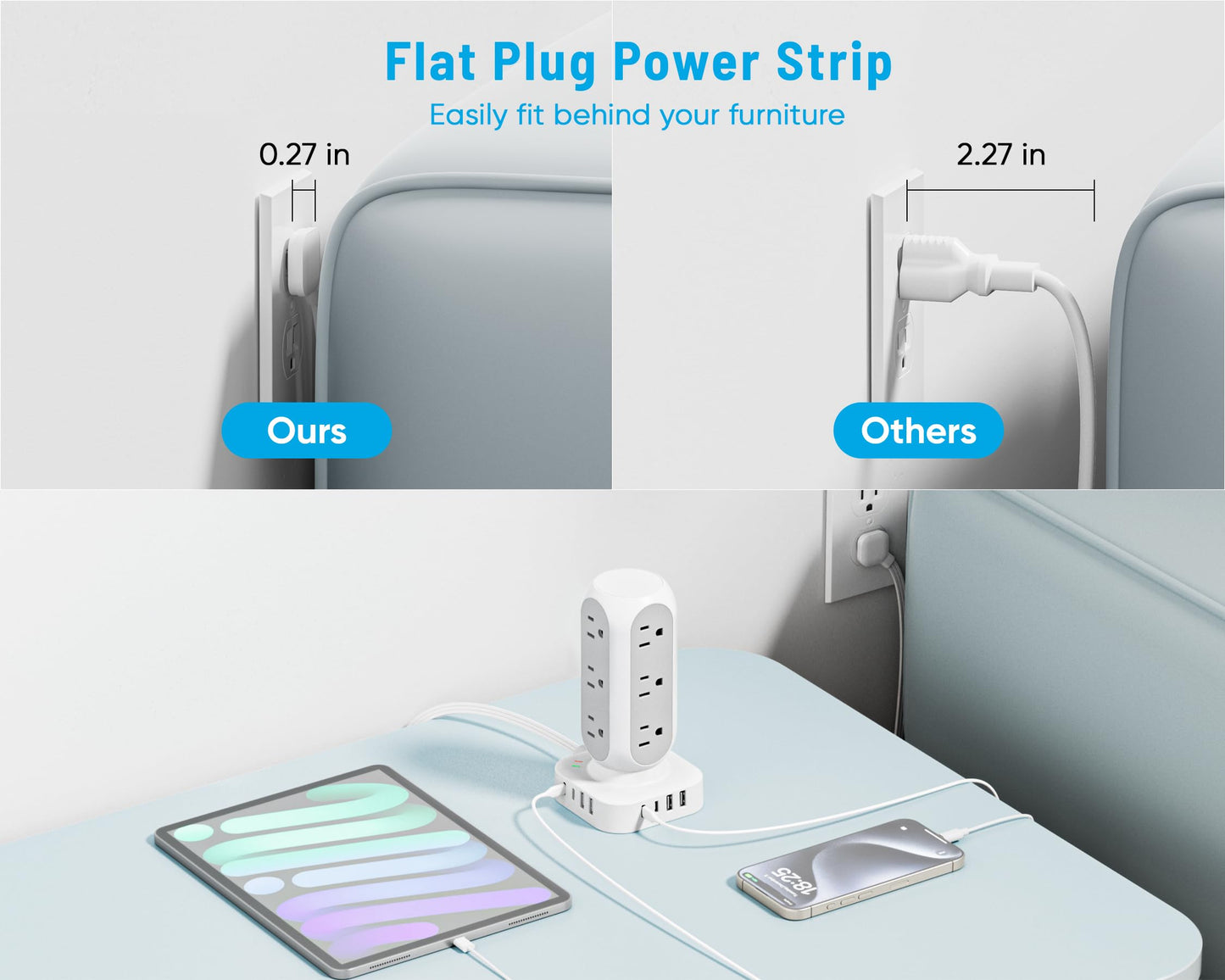 Flat Plug Power Strip Tower, 40W Total Fast Charging Station, Dual PD 20W USB-C Surge Protector with 12 AC Outlets and 8 USB Ports (4 USB C), 10FT Extension Cord for Home Office Dorm Room