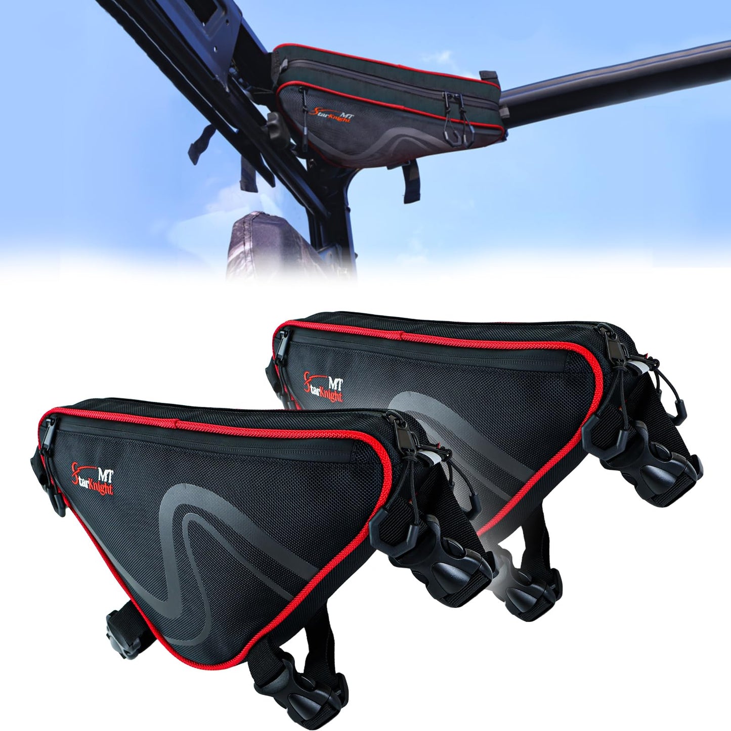 StarknightMT 2 Packs Universal UTV Roof Storage Bag, Triangle Bike Bag Waterproof UTV Overhead Bag Fits 1.75" to 2" Roll Bar Compatible with Can Am X3 Commander Defender, Polaris Ranger RZR