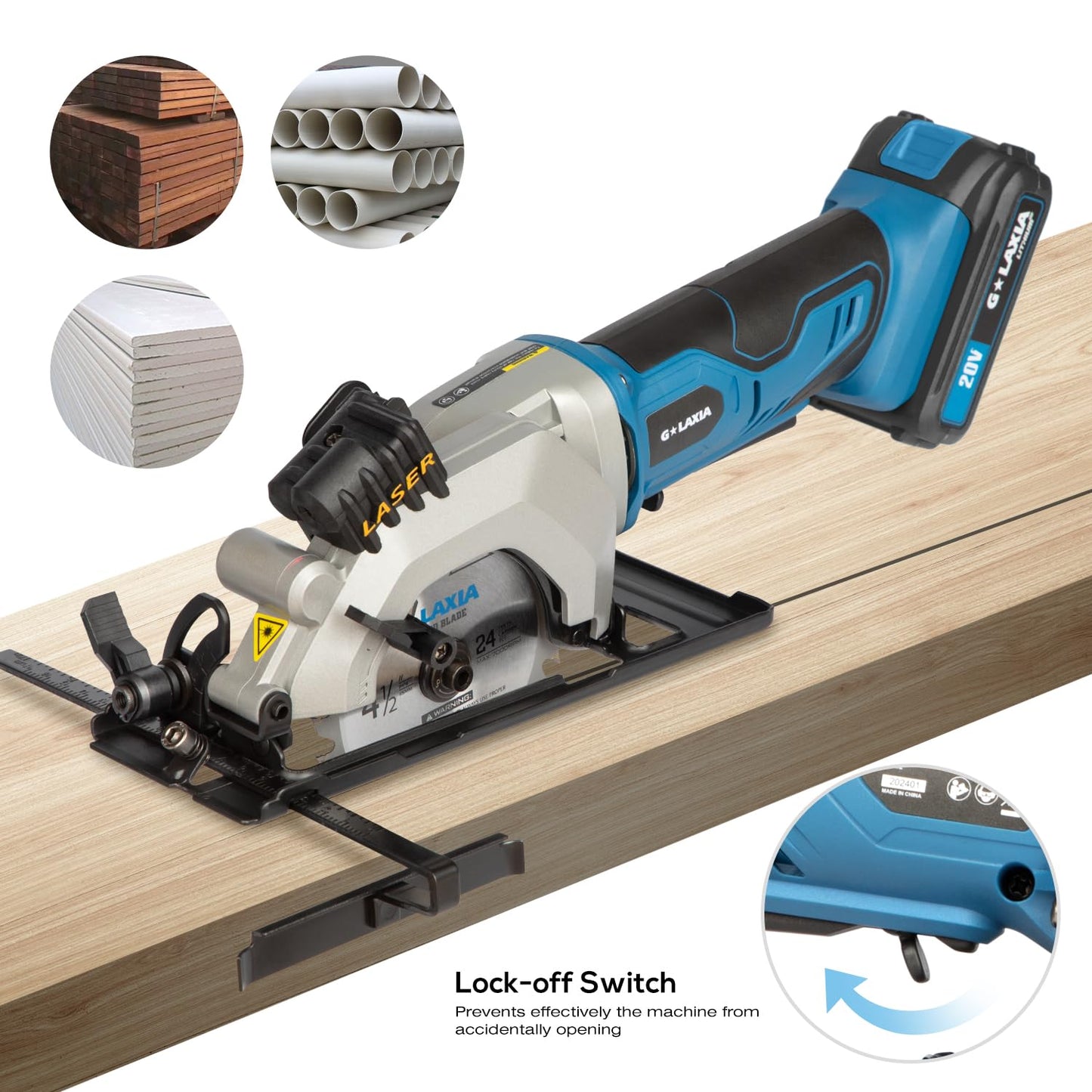 G LAXIA Mini Circular Saw, 4-1/2" 3400RPM Cordless Circular Saw with Laser Guide, Rip Guide, Compact Hand Saw with 2Pcs blades（24T+60T), Max Cutting Depth 1-11/16"(90°), 1-1/8"(45°)