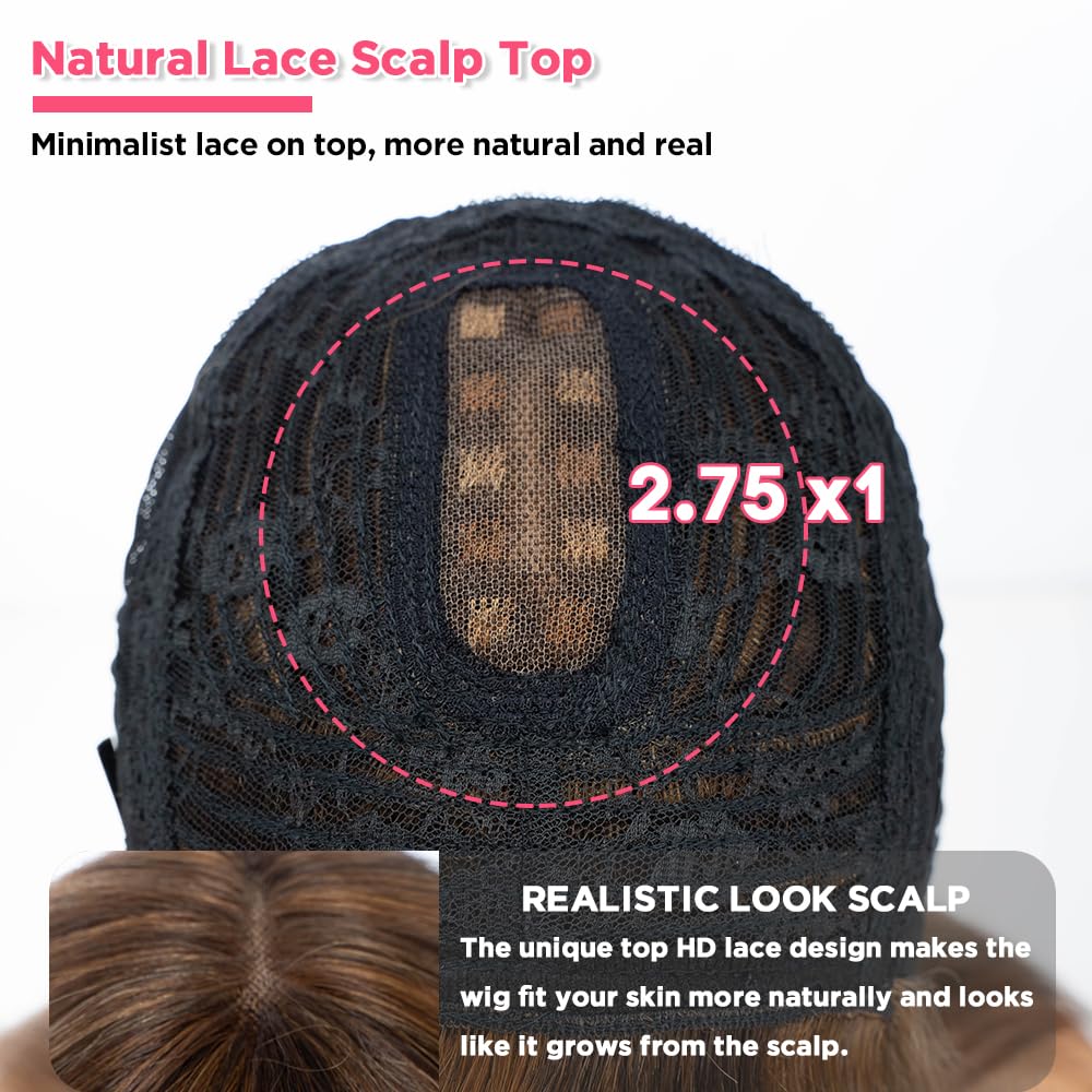 Rebecca Fashion 14 Inch Ombre Blonde Brown Straight Wig with Bangs Human Hair Silky Straight Bang Wig Glueless Minimalist 2.75x1 Lace Scalp Wig for Women Glueless Wear and Go Wigs Brazilian Remy Hair