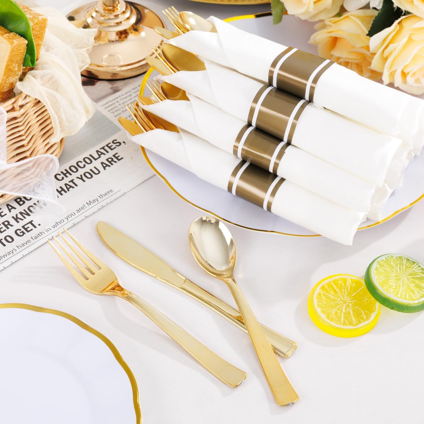 EI 120Pack Pre Rolled Gold Plastic Silverware,Wrapped Plastic Cutlery Set with Napkin,Disposable Silverware Set with Napkin, Gold Wrapped Silverware Perfect for Party/Birthday/Wedding