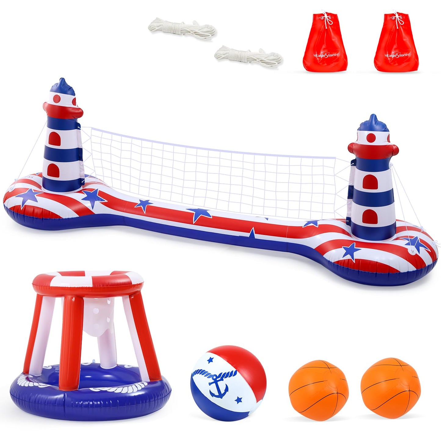 EagleStone Swimming Pool Volleyball Net Set with Basketball Hoop,Inflatable Pool Floats Set American Flag Volleyball Net & Basketball Hoops