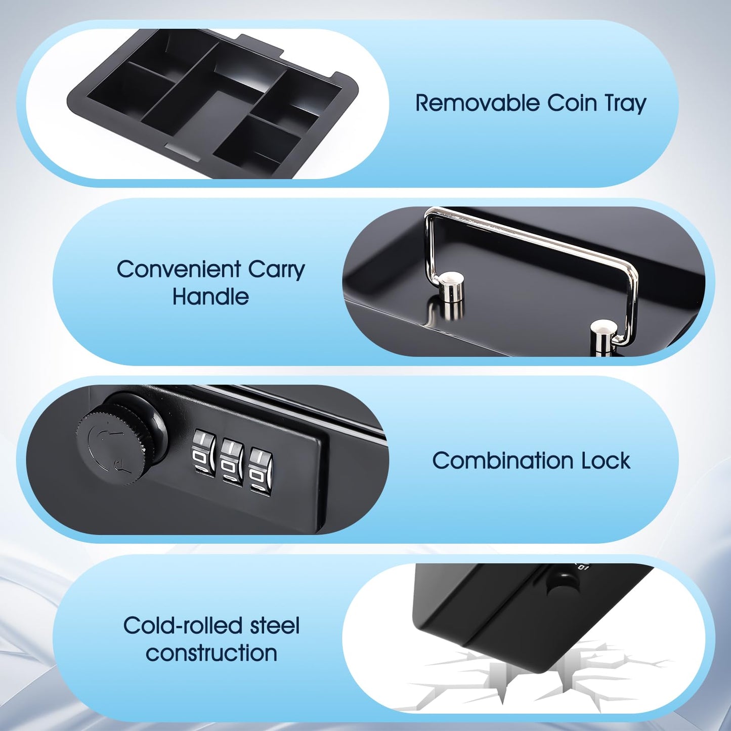 KYODOLED Metal Cash Box with 3-Digit Combination Lock & Money Tray - Secure Safe for Home, Office & Events, Ideal for Cash, Meds & Small Items, 7.87" x 6.30" x 3.35", Black, Cold-Rolled Steel, 4PACK