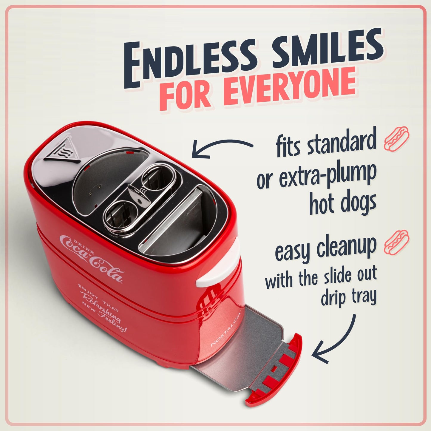 Nostalgia Coca-Cola Hot Dog Toaster - 2 Slot Bun Mini Tongs - Works with Chicken, Turkey, Veggie Links, Sausages and Brats - Coke Red