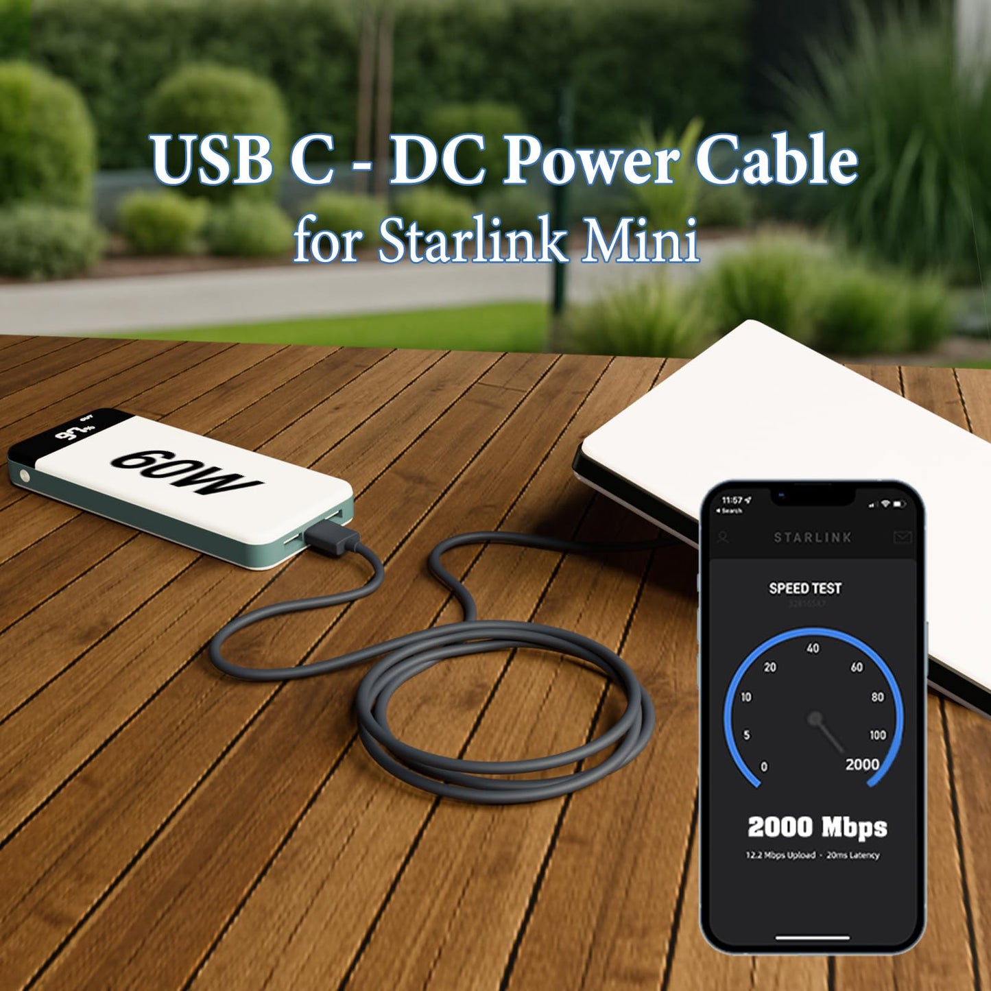 NEDUL Starlink Mini USB C to DC Power Cable, 49ft Starlink Mini Type-C to DC Power Cable, PD 20V Type-C Input to DC Male Output Waterproof, Compatible 65W+ PD 20V Protocol Power Supply/Source (15M)
