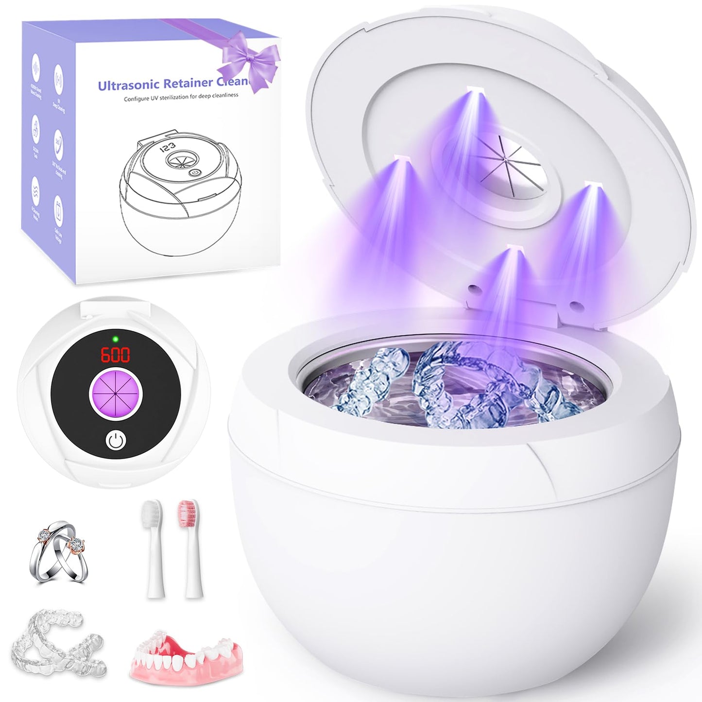 Ultrasonic Retainer Cleaner Machine 45khz Cleaning Pod for Denture Cleaner 200ml Mouth Guard, Aligner, Night Guard, Toothbrush, Jewelry, 4 Cleaning Modes Digital Timer, Gifts for Women, White