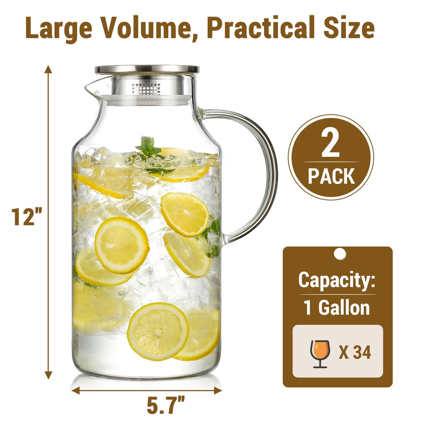 2 Pack 1 Gallon thickened Glass Pitcher with Lid and Spout, Borosilicate Glass Carafe for Hot/Cold Drink, Water Pitchers for Fridge, Extra Large Jug with Handle for Iced Tea, Coffee,Juice, Beverage