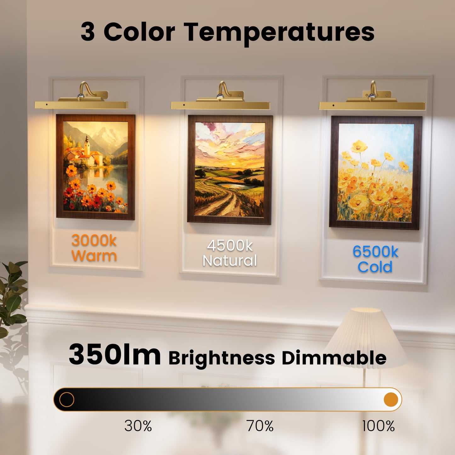 Craftersmark Wireless Picture Lights 12'', 2 Pack 4400mAh Battery Poerered Cordless Wall Lights, 350LM Dimmable Remote Timer for Painting Artwork Living Room (Antique Gold)