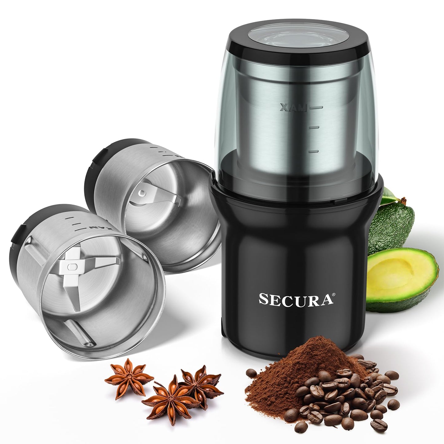 Secura Electric Coffee Grinder and Spice Grinder with Stainless Steel Blades, 2 Removable Bowls, Black