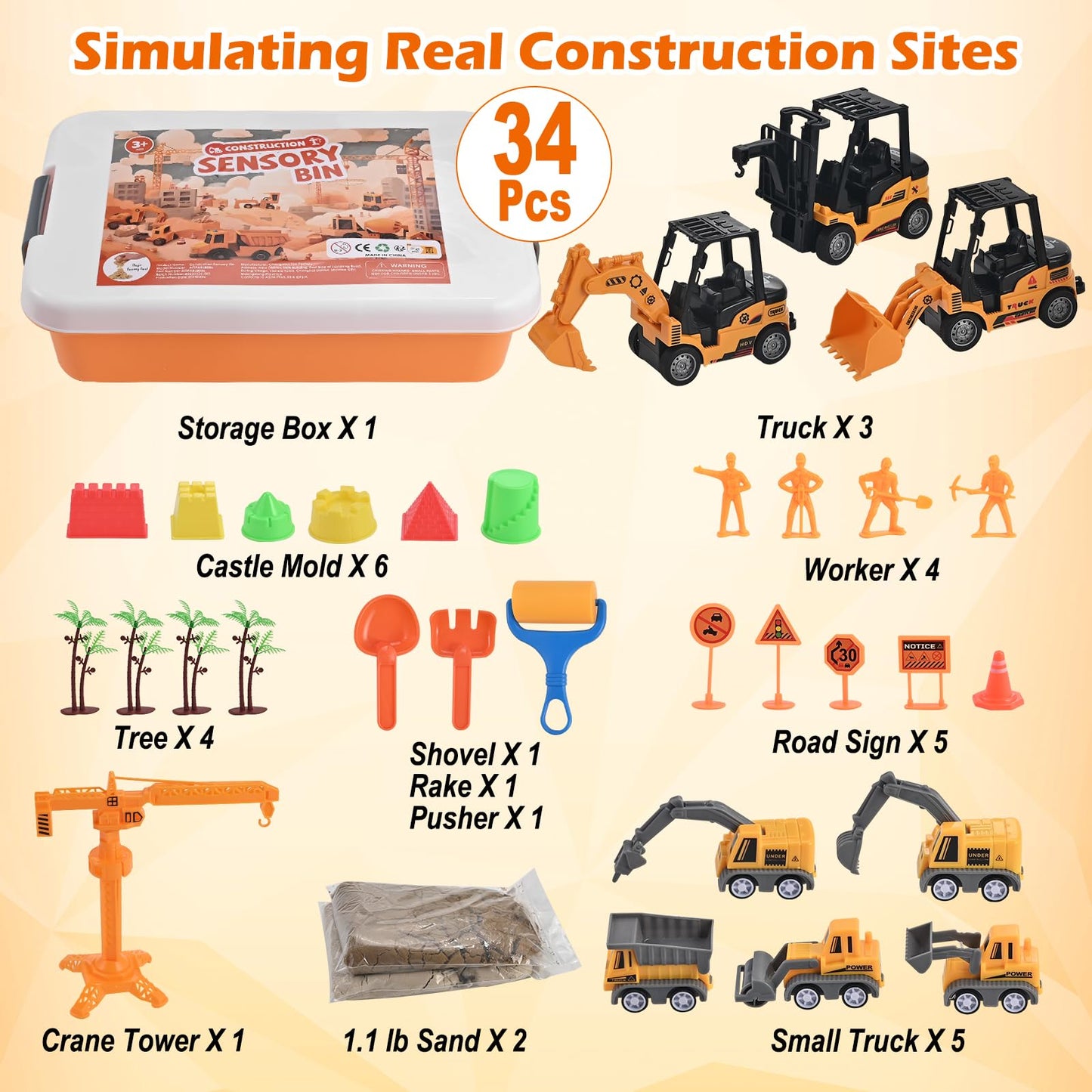 34 Pieces Sand Building Sites Sensory Toy Set for Toddlers with 8 Vehicles, 6 Castle Molds, 5 Road Signs, 4 Worker Figures, 2.2 Sand