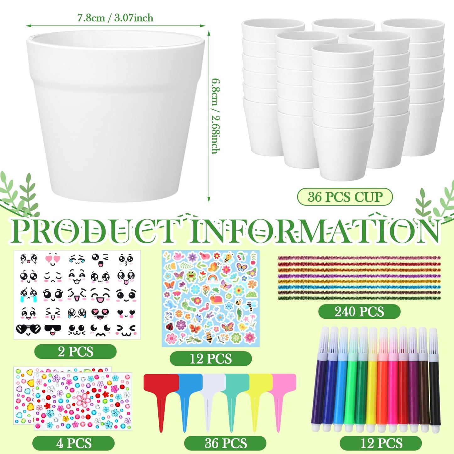 Funnymoom 36 Set Garden Plastic Pot Craft Kit DIY Flower Plant Spring Craft Pot with Pipe Cleaners Stickers Flower Planting Growing Kits for Creative Activity Art Project Home Bulk Painting
