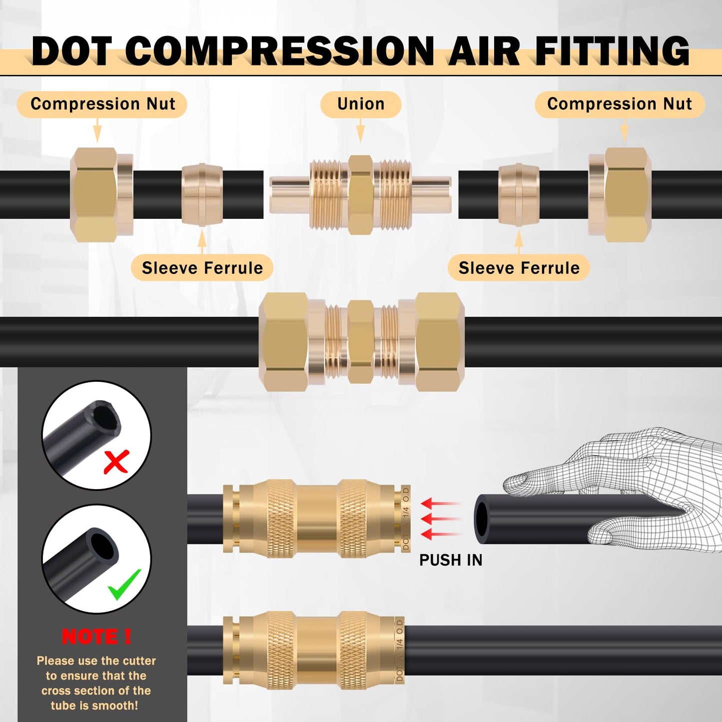 CheeMuii 74 PCS Brass DOT Air Line Fittings Kit DOT Push Lock and Compression Air Fittings Pure Brass Quick Connect Straight Union 1/8" 5/32" 1/4" 3/8" 1/2" 5/8" 3/4" Air Hose Fittings Assortment