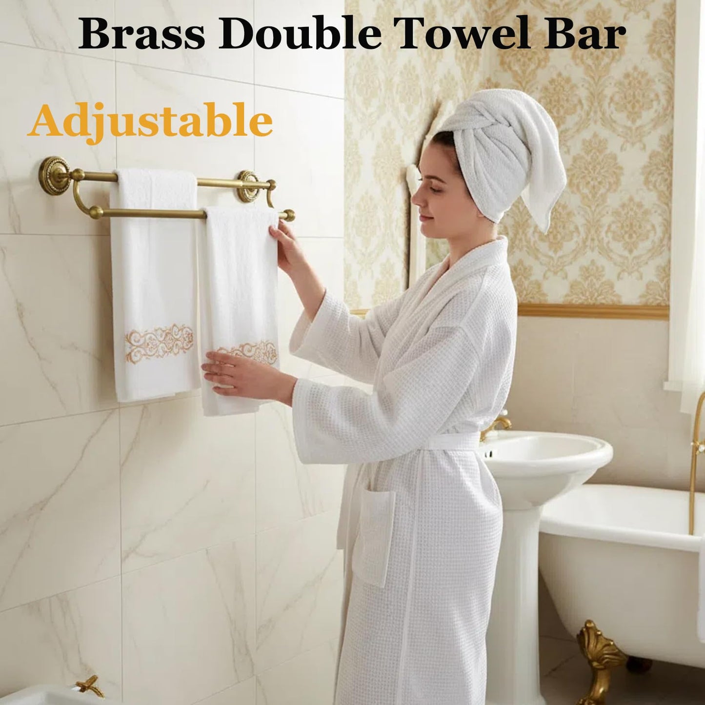 Double Towel Bar, Antique Brass Bathroom Towel Racks Wall Mounted, Adjustable Vintage Gold Towel Bar Fits 16.4 to 27.8 Inch Wall Space, Heavy Duty Rustproof Brass Towel Rod Holder for Kitchen Laundry