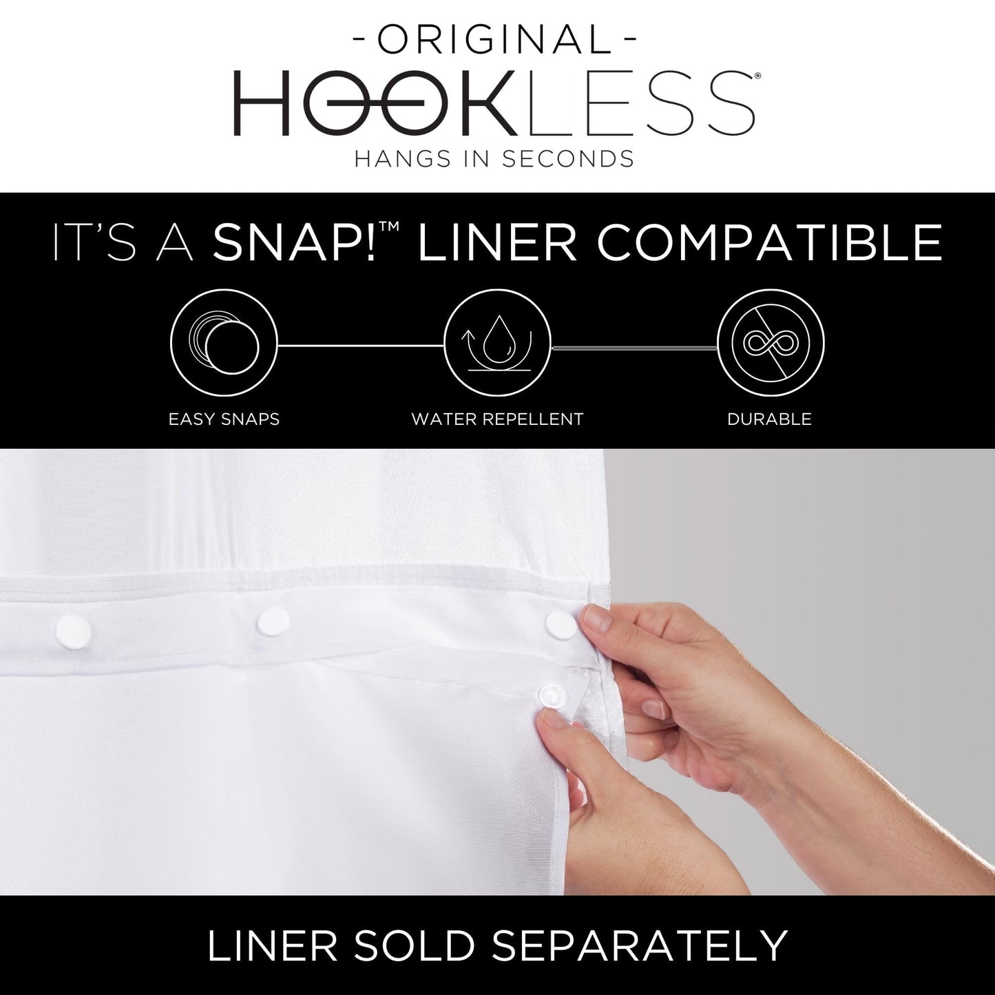 Hookless It’s A Snap! Waffle Stripe Shower Curtain, 2-in-1 Shower Curtain Includes Fabric Shower Curtain with Sheer Top Window and Flex-On Rings, Liner Compatible, 71” x 74”, Light Grey
