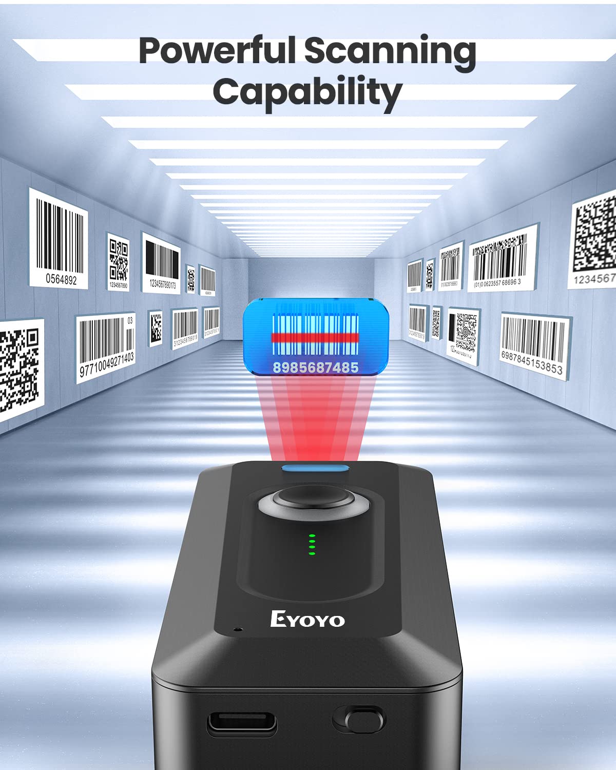 Eyoyo 2D Bluetooth Barcode Scanner Wireless with Clip, 2000mAh Battery with Level Indicator, Portable Mini QR Bar Code Reader for Library Book Inventory Compatible with iPhone, iPad, Android Phone