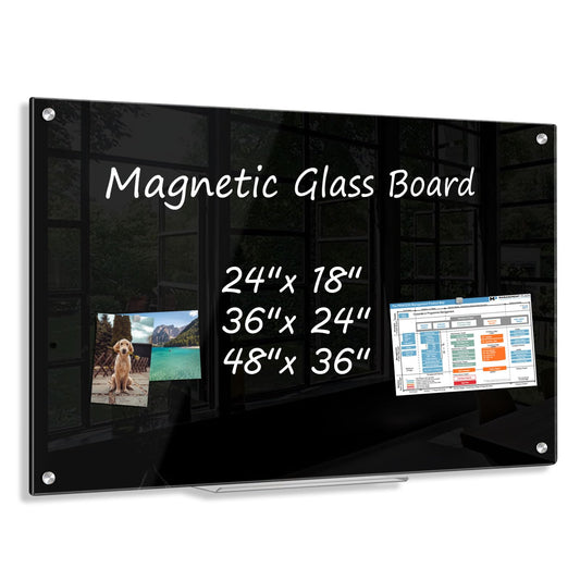 AMUSIGHT Black Dry Erase Board, 48'' x 36'' Magnetic Large Black Glass Board Frameless Wall Mounted Glass Whiteboard for Office, School & Home with 1 Acrylic Marker Tray & 3 Strong Magnet