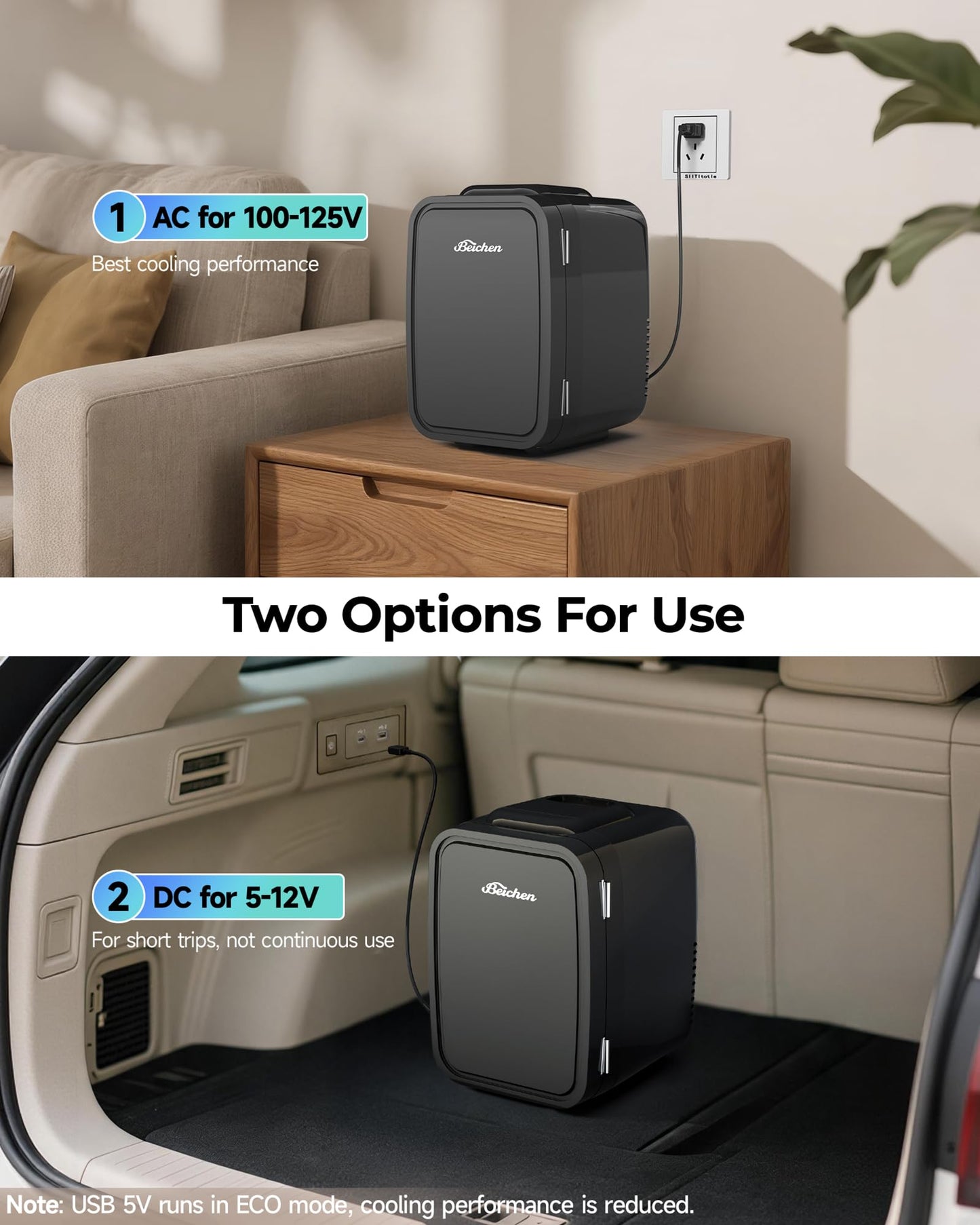 BEICHEN Mini Fridge, 4 Liter/6 Can Portable Refrigerator for Bedroom Office Dorm Car– Fast Cooling, Low Noise, 100-125V AC/5-12V USB Small Compact Refrigerator for Skincare, Food, Drinks(Black)