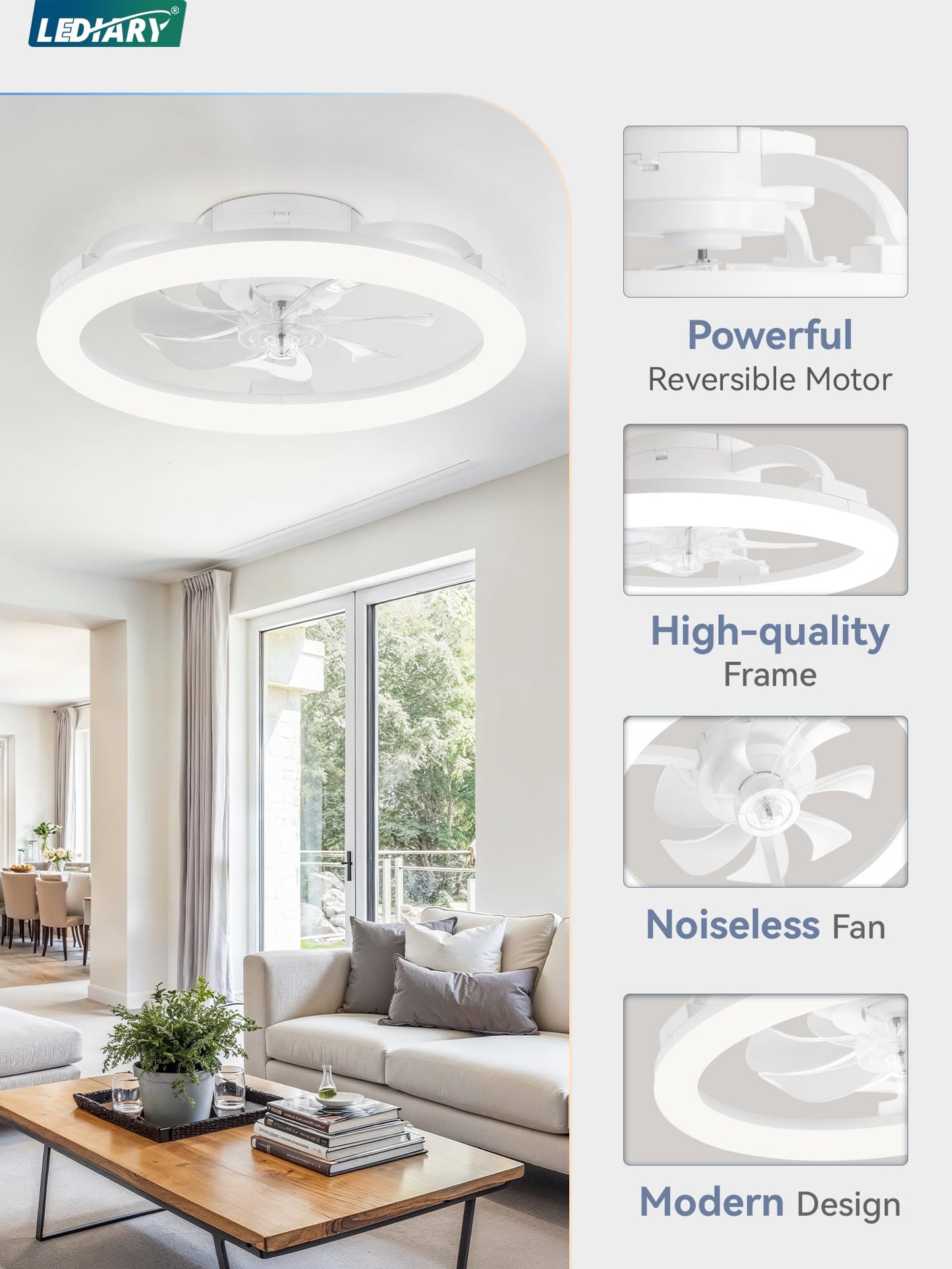 LEDIARY 20 Inch Low Profile Ceiling Fans with Lights and Remote, Dimmable Modern Fan Light(3000K-6000K), 6 Speed, Reversible, APP & Remote Control, Flush Mount Ceiling Fan for Bedroom, White