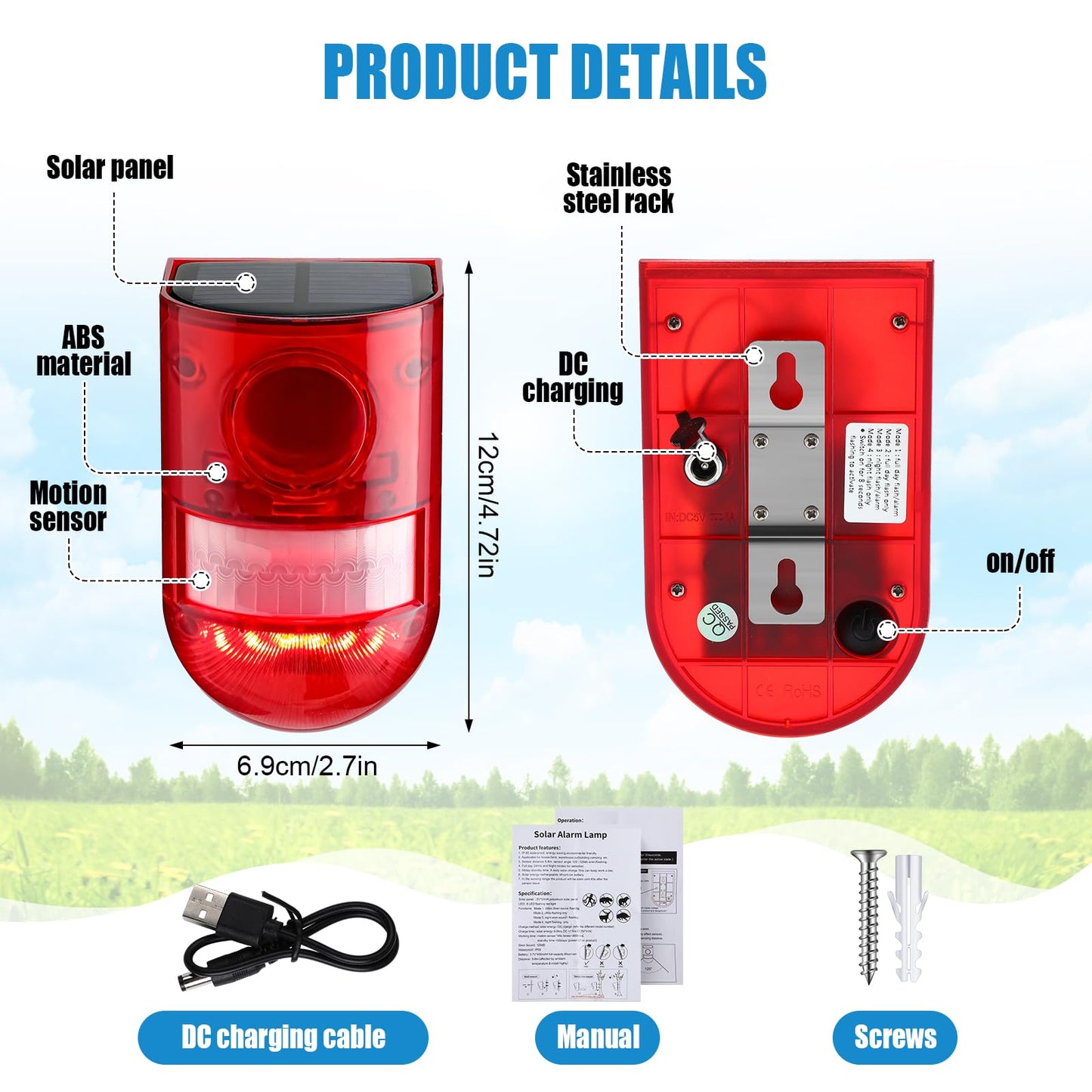 Qualirey Solar Sound and Light Alarm Motion Sensor 129db Outdoor Dog Baking Security Siren Waterproof Motion Activated Detector Alarm 6 LEDs Flash Warning Strobe System for Home, Farm(6 Pack)