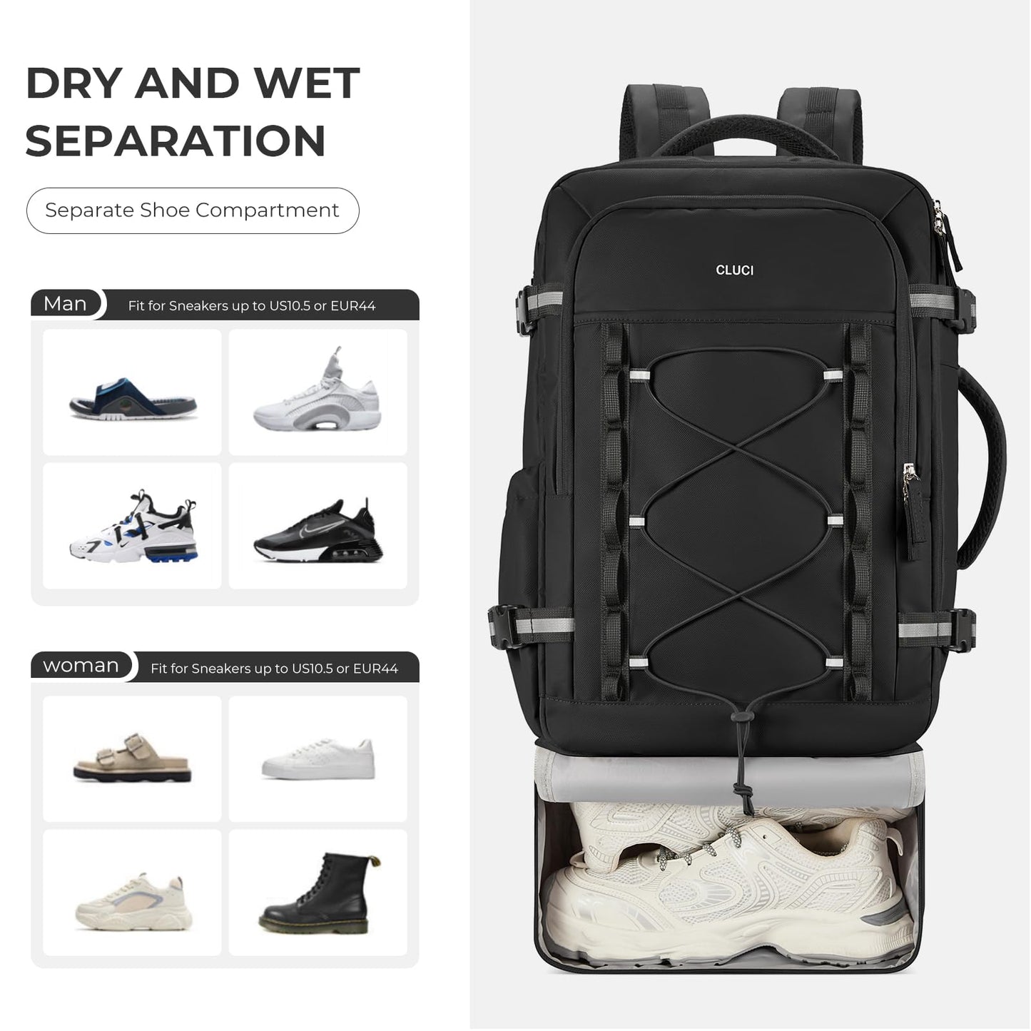 CLUCI Travel Backpack 30L, Waterproof Laptop Backpack Fits 17.3 Inch Laptop, Carry On Backpack with shoe compartment, Durable Expandable Go Bag, Large Hiking Backpack for Men Women（Black）