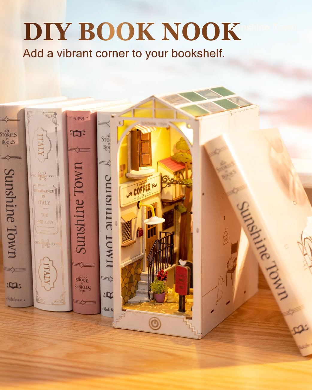 Rolife DIY Book Nook Kit 3D Wooden Puzzle, Bookshelf Indert Decor with LED DIY Bookend Diorama Dollhouse Kit Crafts Hobbies Gifts for Adults/Teens (Sunshine Town)