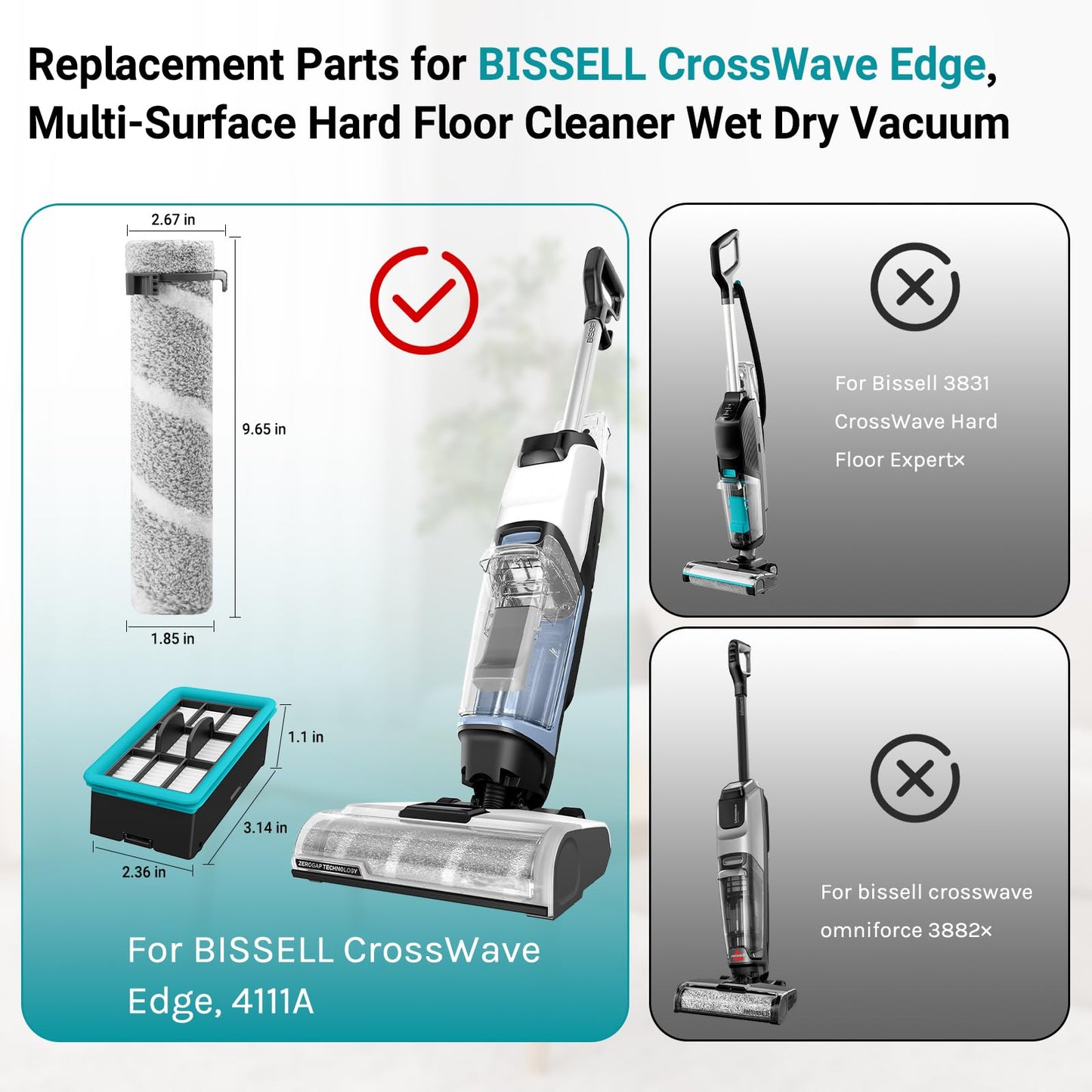 RONGJU 4111A Replacement Brushes and Filters for Bissell CrossWave Edge, Multi-Surface Hard Floor Cleaner Wet Dry Vacuum with Zero-Gap Edge Technology, 2 Pack Brushes and 2 Pack Filters